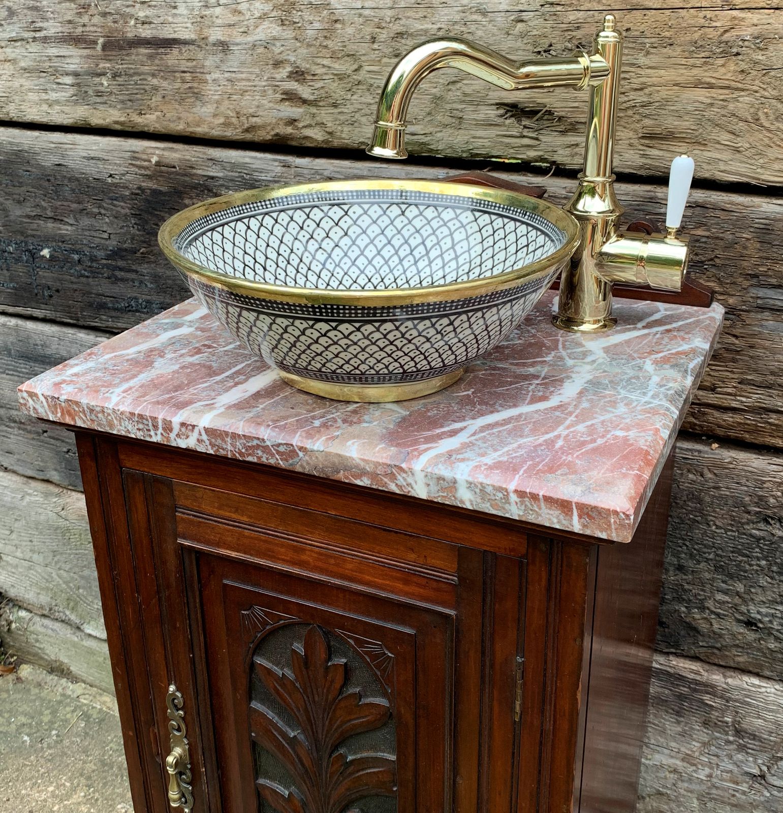 Antique Oak Marble Top Vanity Unit With Brass Tap And Sink photo for sale