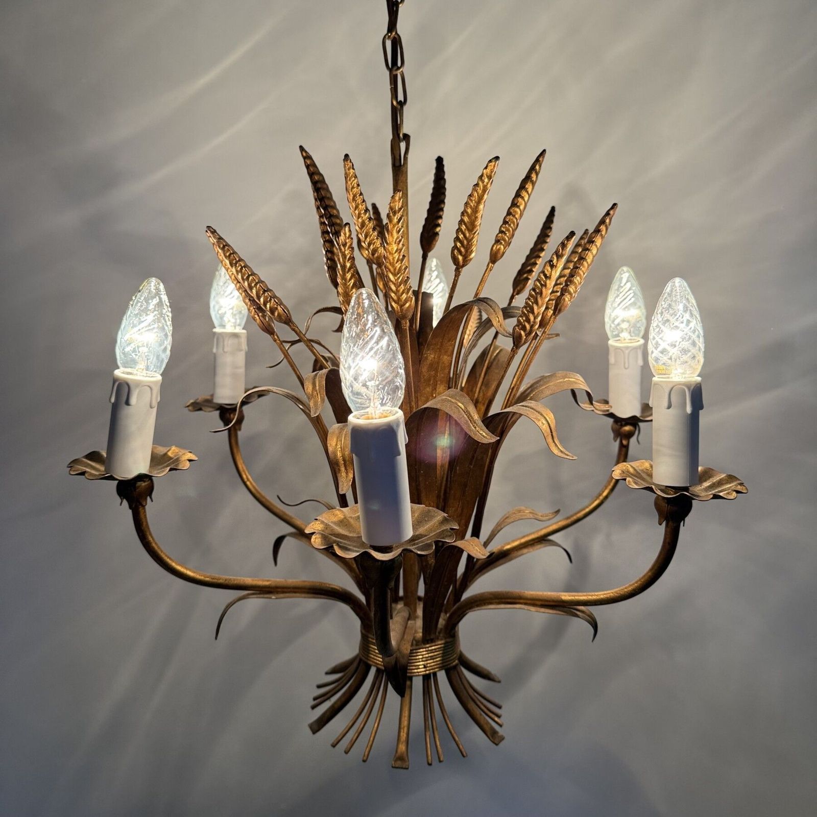 photo for sale Wheat Sheaf Leaf Gold Gilt Chandelier By Hans Kögl , 1960’s Germany