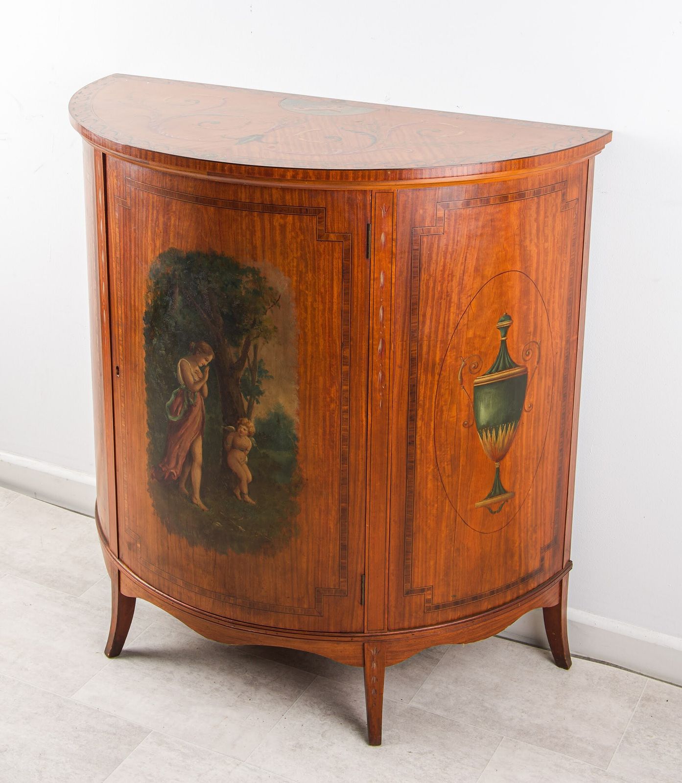 Victorian Satinwood Demi Lune Side Cabinet With Hand Painted Panels, C.1890 photo for sale
