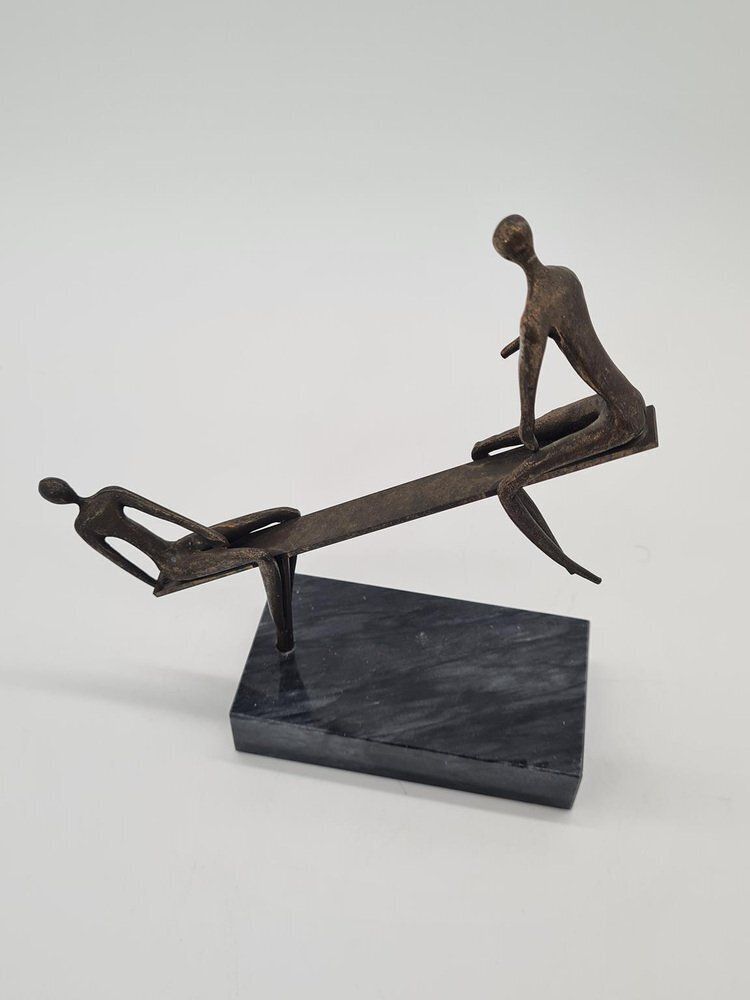 Vintage Figurative Sculpture Scene Of Balance In Patinated Metal, 1970s photo 304.0