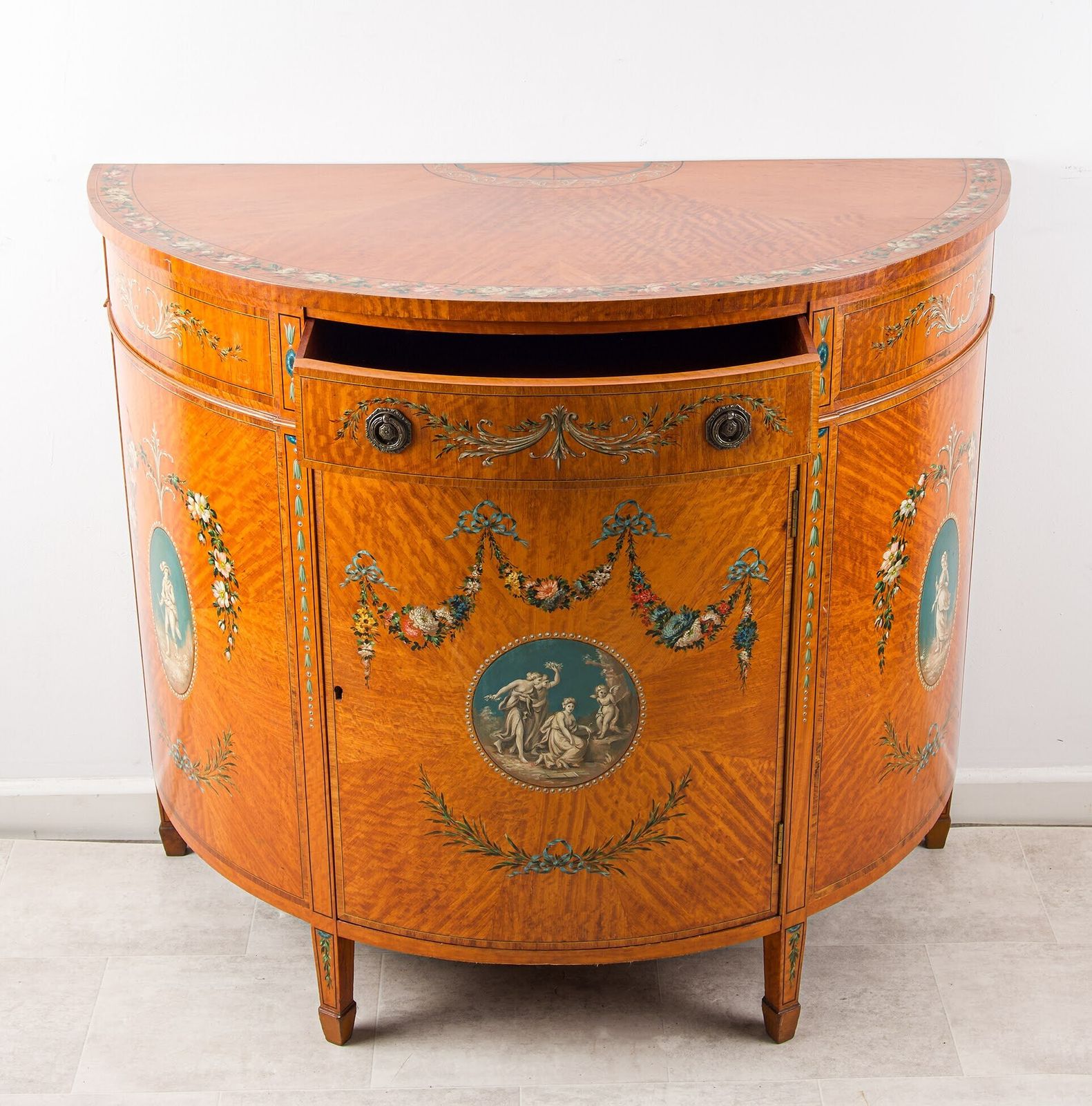 Edwardian Satinwood Painted Demi Lune Commode With Classical Decoration, C.1900 photo for sale