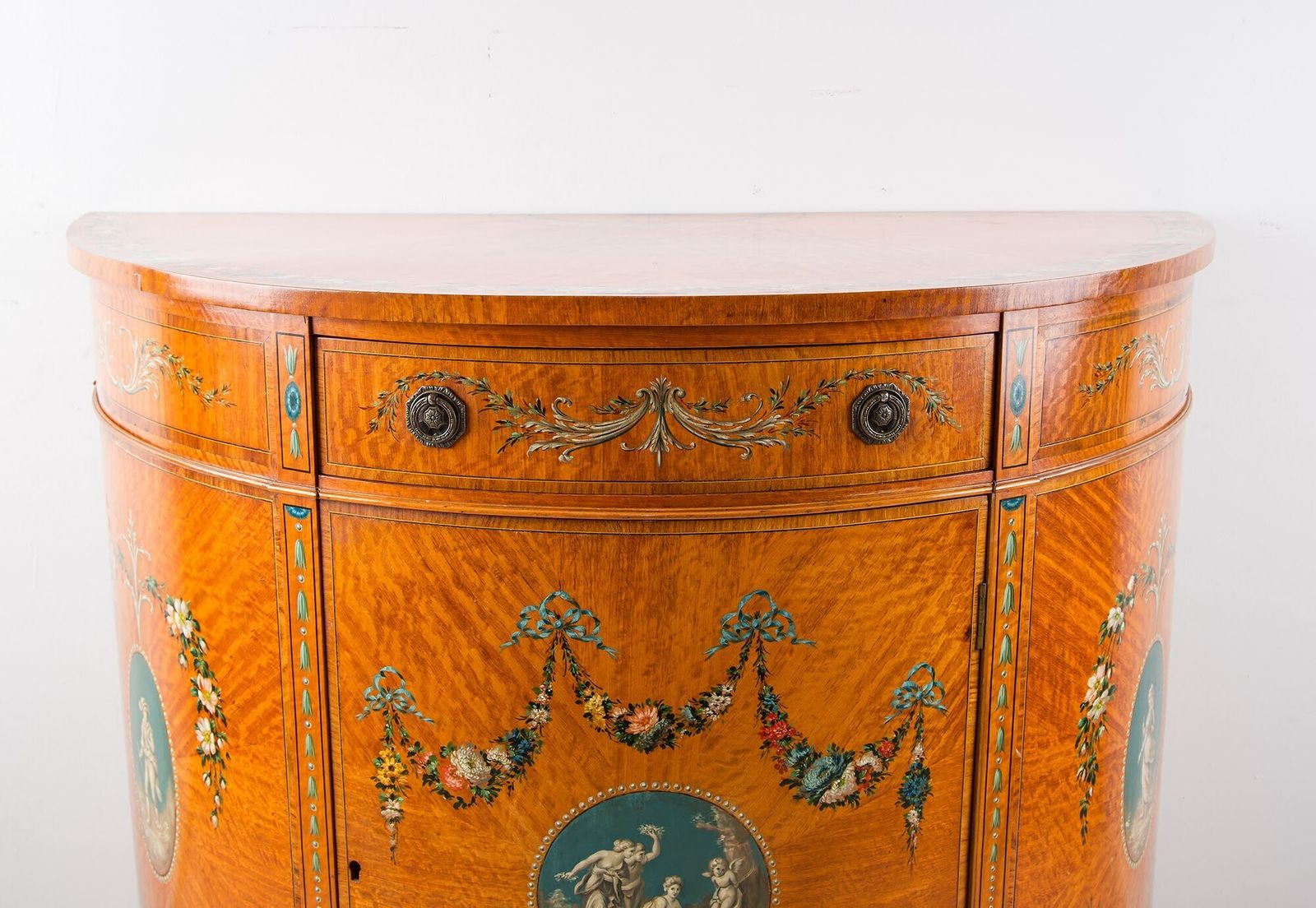 Edwardian Satinwood Painted Demi Lune Commode With Classical Decoration, C.1900 photo 2550.0