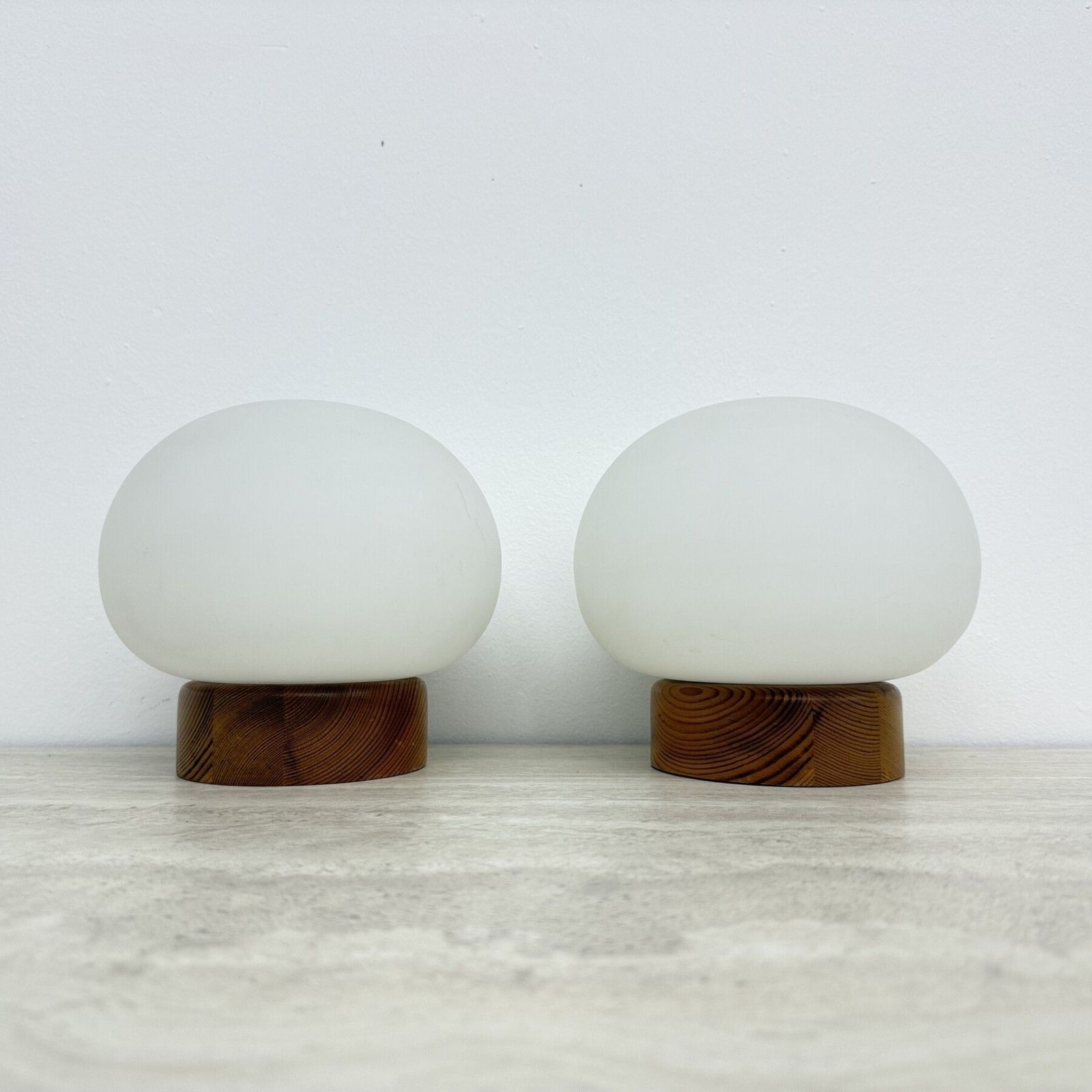 Set Of 2 Pine Wood And Opaline Glass Table Lamps , 1970s