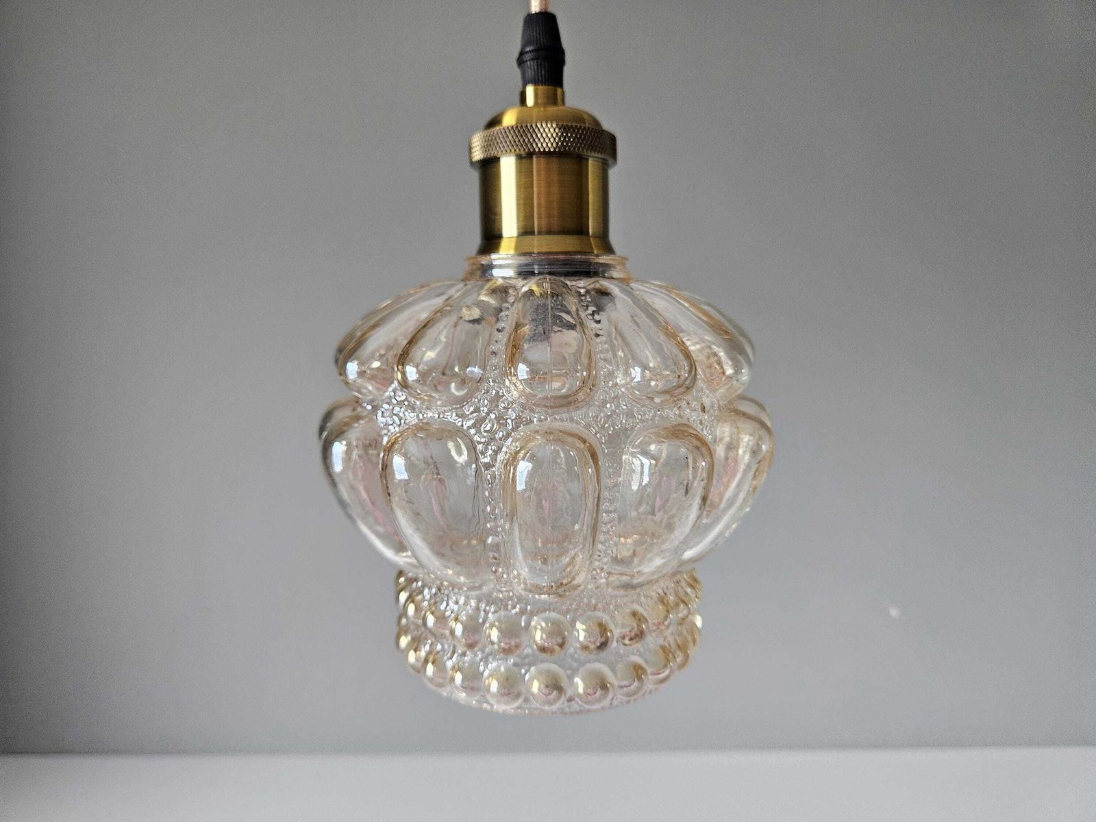 Set Of 3 / Vintage Textured Glass Pendant Light – Clear Bubble Glass, Mid Century Style, Amber Glass photo buy