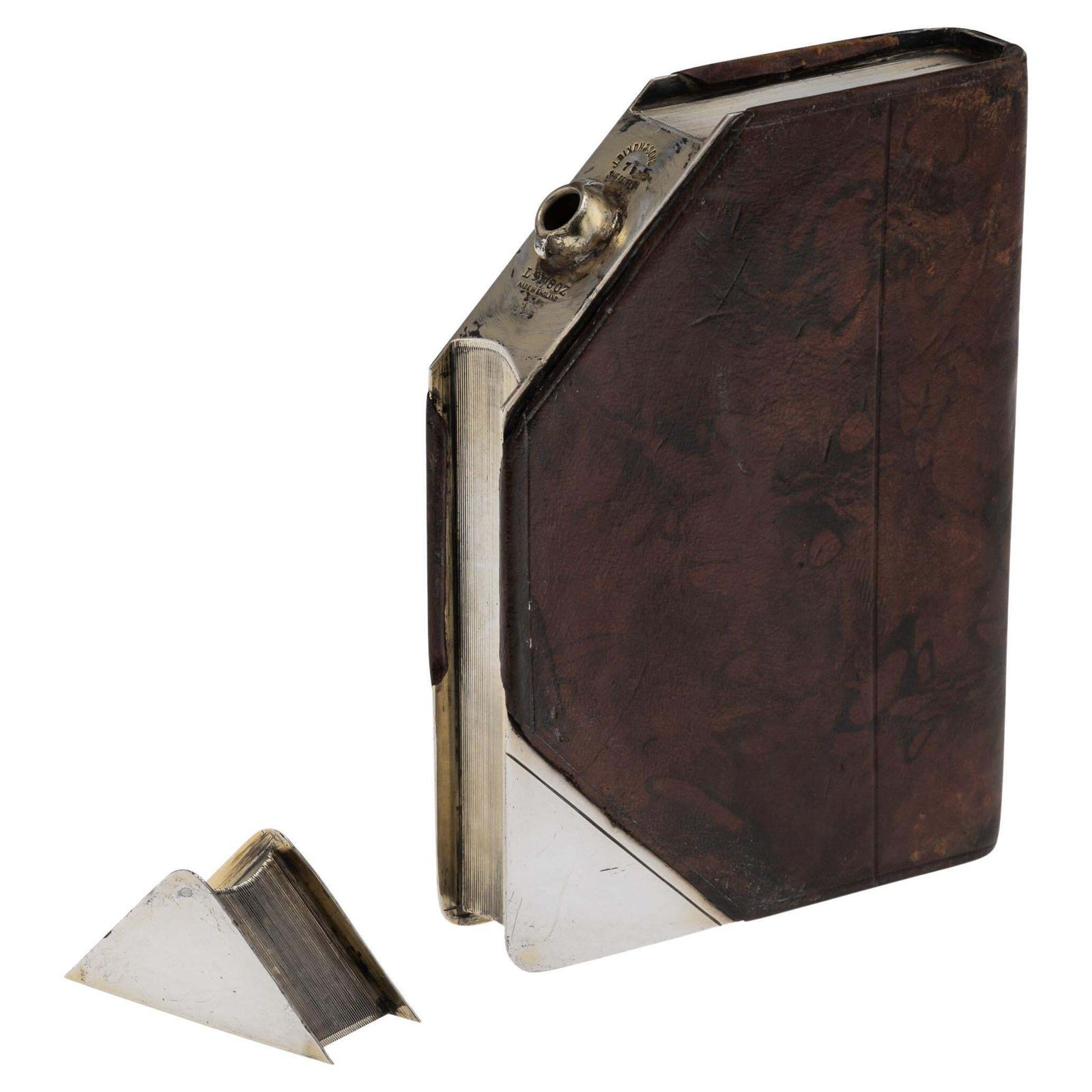 20thc Novelty Silver Plate & Leather Book Shaped Hip Flask By J Dixon & Sons