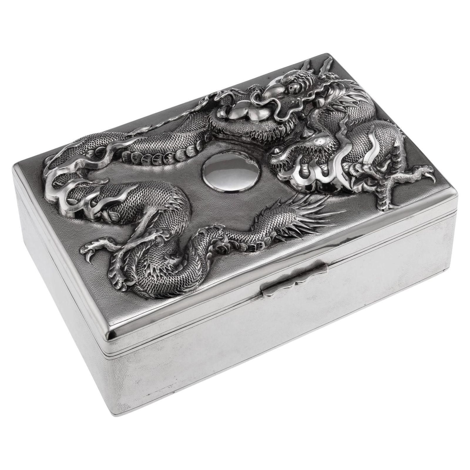 Antique Japanese Meiji Period Silver Humidor Box With Dragon Relief