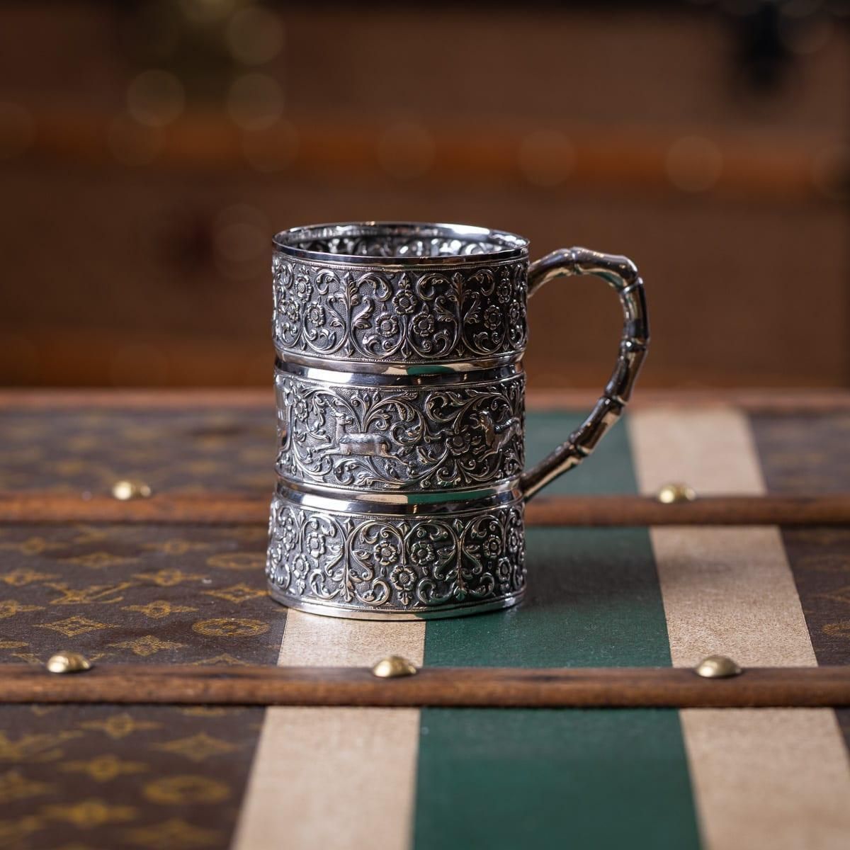 Antique Silver Mug By Oomersi Mawji, Kutch, Floral Repoussé, 1890 photo furniture