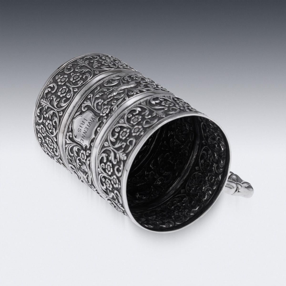 Antique Silver Mug By Oomersi Mawji, Kutch, Floral Repoussé, 1890 photo vintage