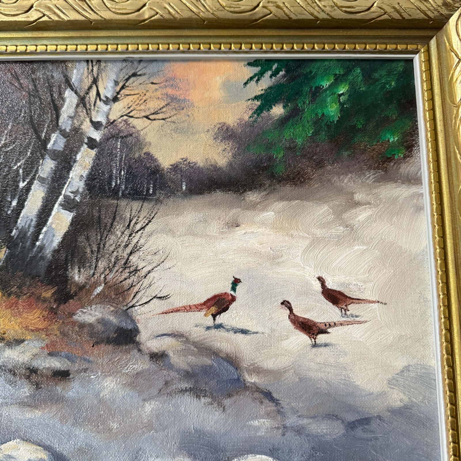 A Brief Gathering Of Pheasants. Vintage Swedish Oil Painting By Bertil Widbrant photo furniture