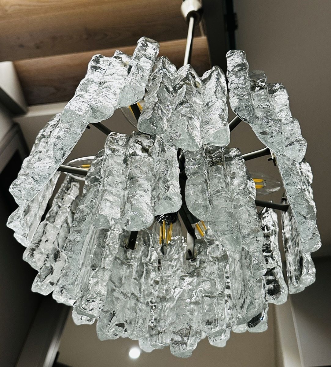 photo for sale 1960s Vintage Austrian Kalmar Franken Ag Two Tiered Iced Murano Glass Chandelier