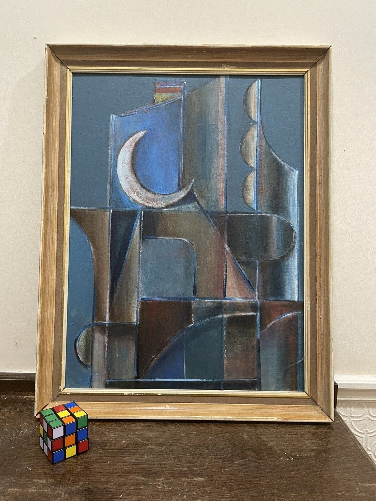 Vintage Abstract/Cubist Oil Painting Mid Century Framed On Board Moon River