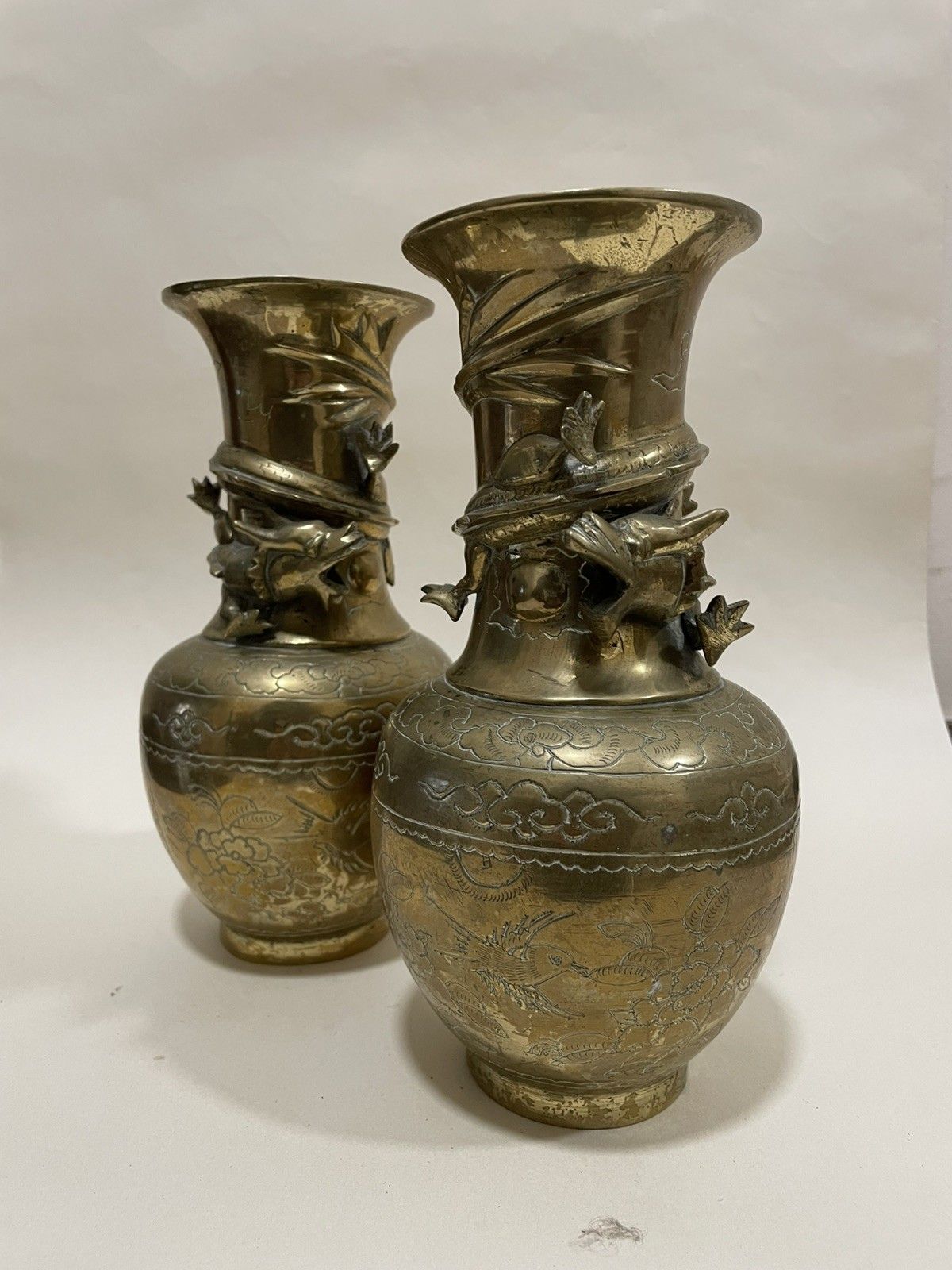 Pair Of  Heavy Brass Vases With Dragon Details Wrapped Round The Neck Vgc