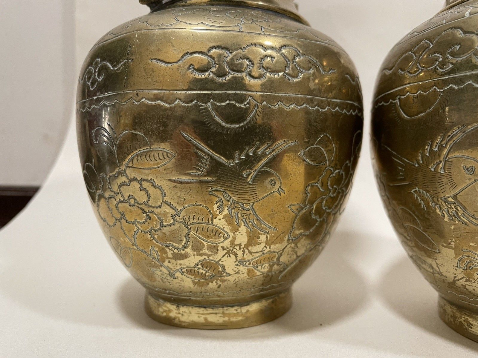 Pair Of  Heavy Brass Vases With Dragon Details Wrapped Round The Neck Vgc photo vinterior