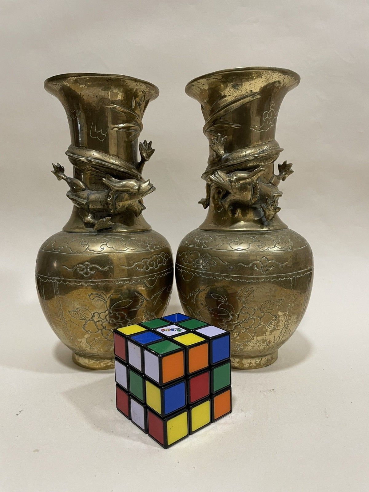 Home Decor Pair Of  Heavy Brass Vases With Dragon Details Wrapped Round The Neck Vgc photo