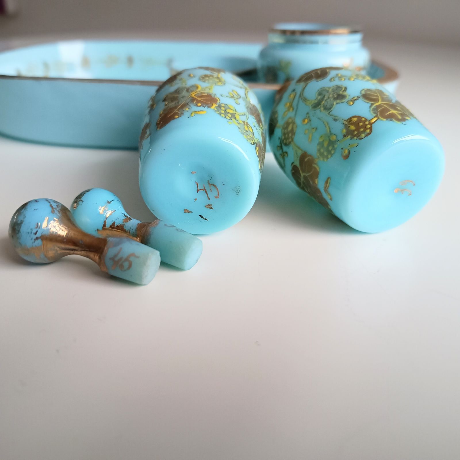 Robin Egg Blue Opaline Glass Set: Perfume Bottles, Rouge Jar & Tray, Palais Royal Baccarat Circle photo buy