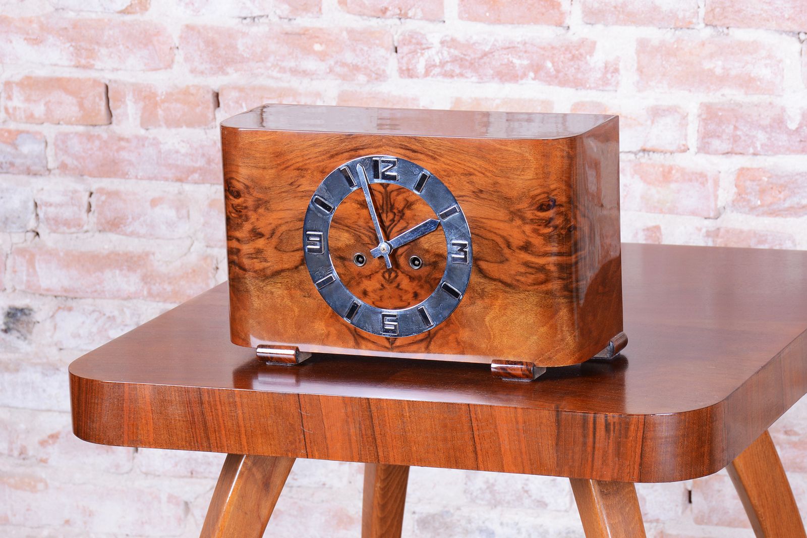 Restored Art Deco Clock, Walnut, Revived Polish, Czech, 1920s photo for sale