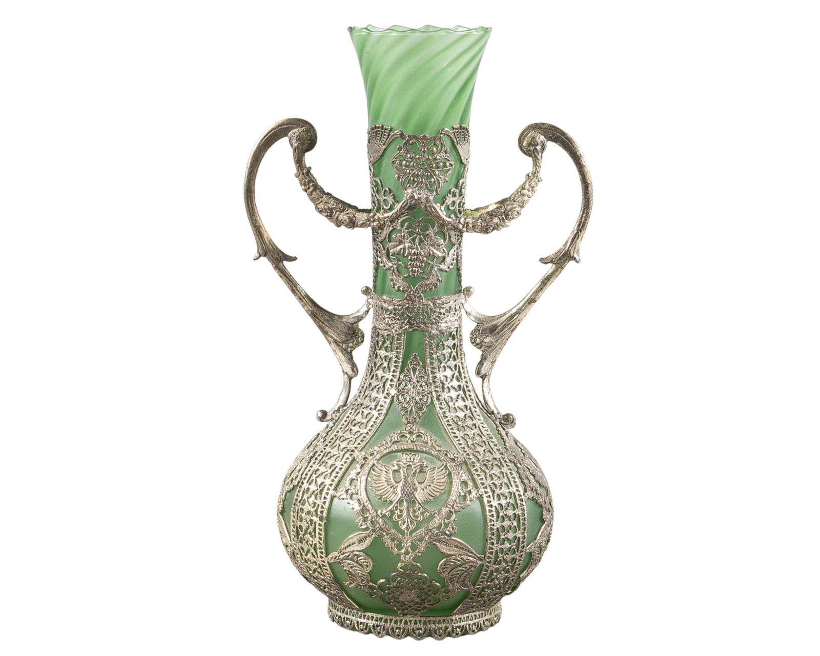 Antique Silver Vase, Art Nouveau Green Glass Vase With Silver Overlay, Early 20c photo furniture