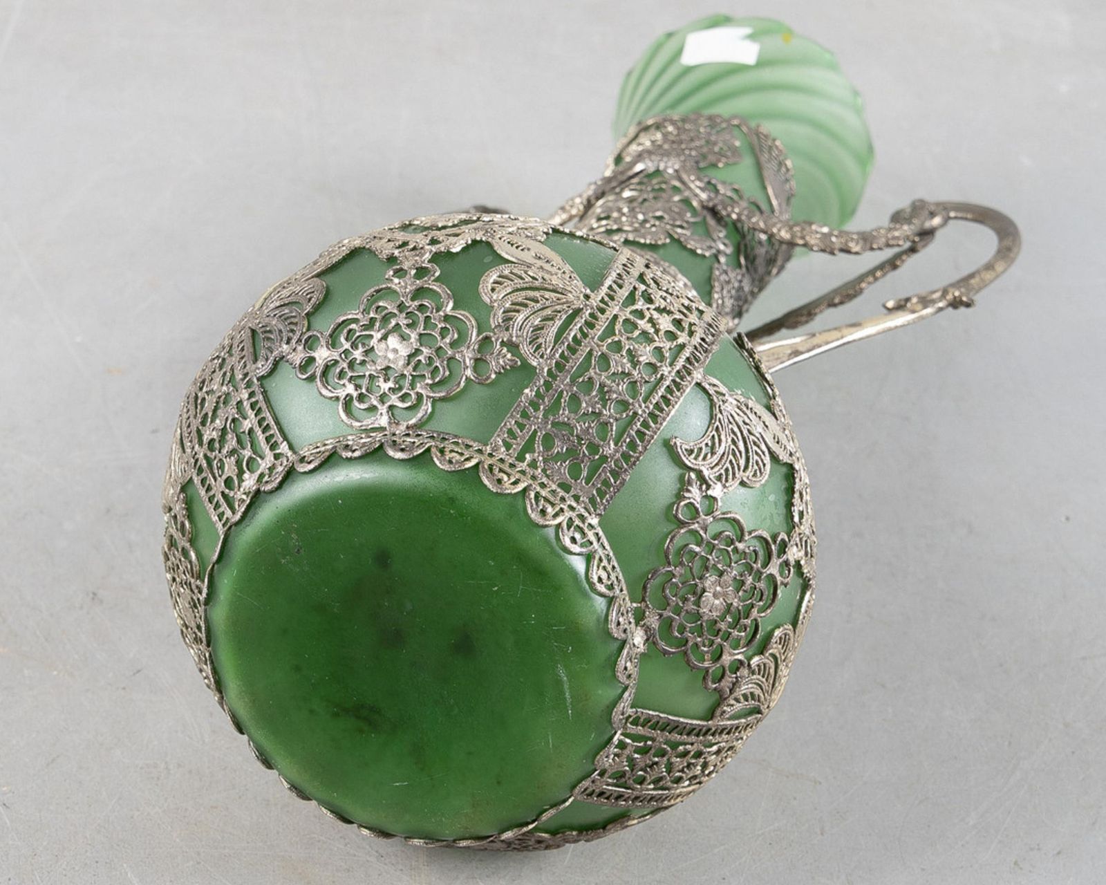 Antique Silver Vase, Art Nouveau Green Glass Vase With Silver Overlay, Early 20c photo vinterior