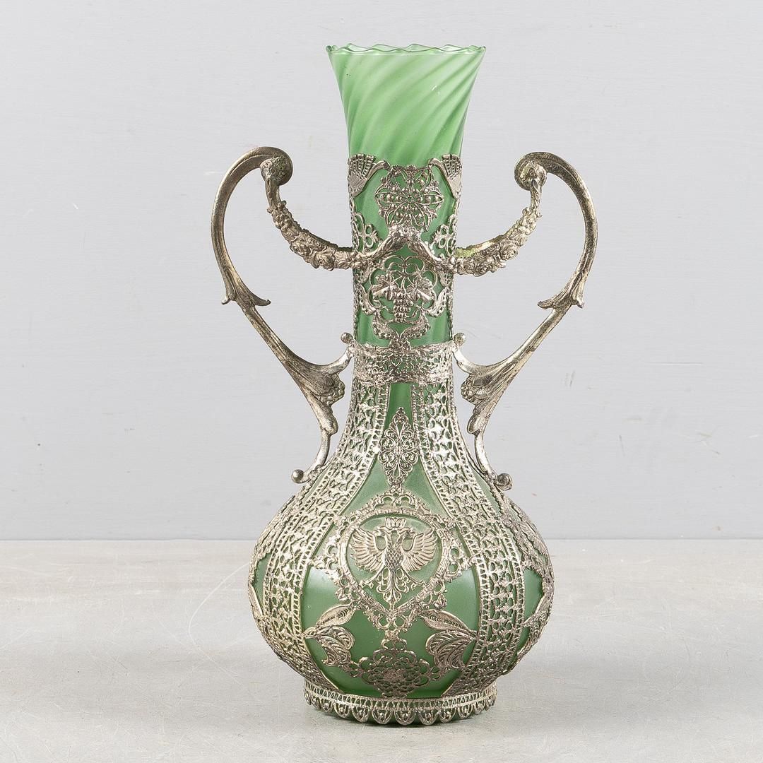 2335.0 Antique Silver Vase, Art Nouveau Green Glass Vase With Silver Overlay, Early 20c photo
