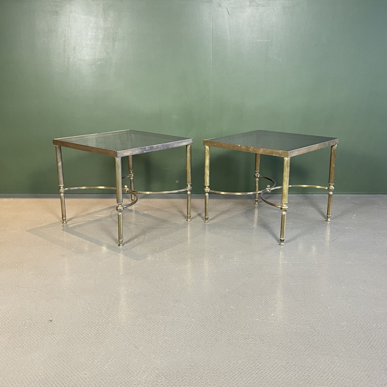 Pair Of Midcentury Brass And Smoked Glass Coffee Tables