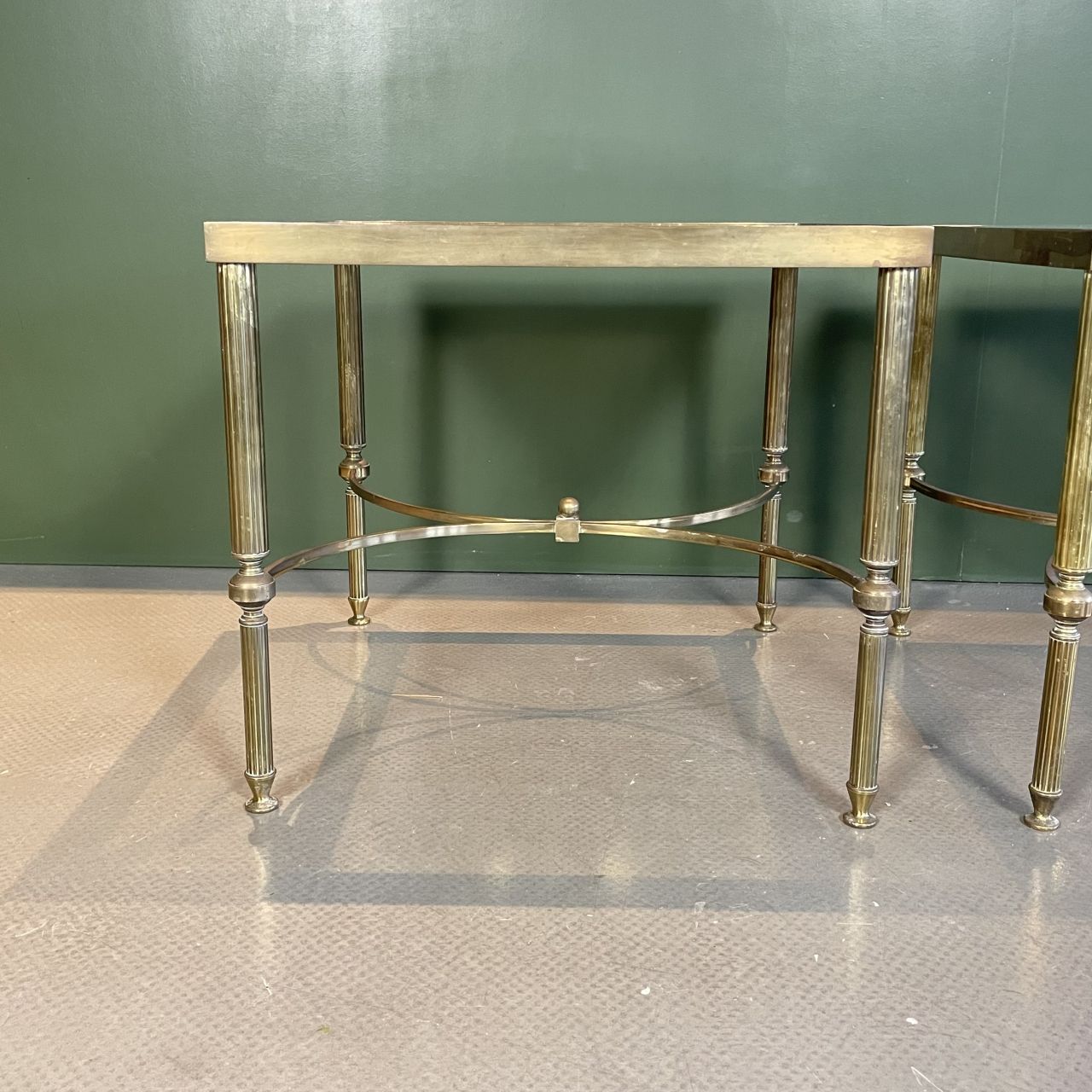 Pair Of Midcentury Brass And Smoked Glass Coffee Tables photo vintage