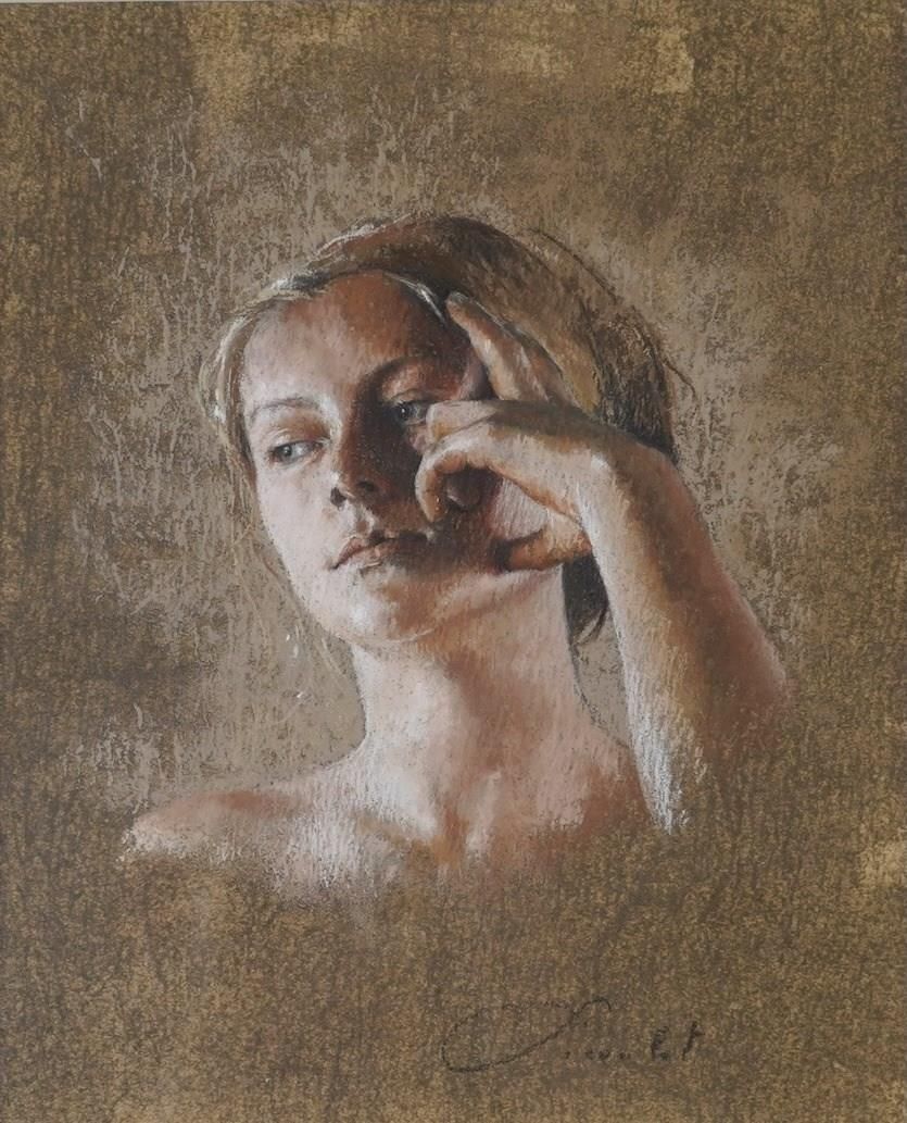 Femme Au Bandeau 2 – Pastel Portrait, Framed Artwork By Nathalie Picoulet