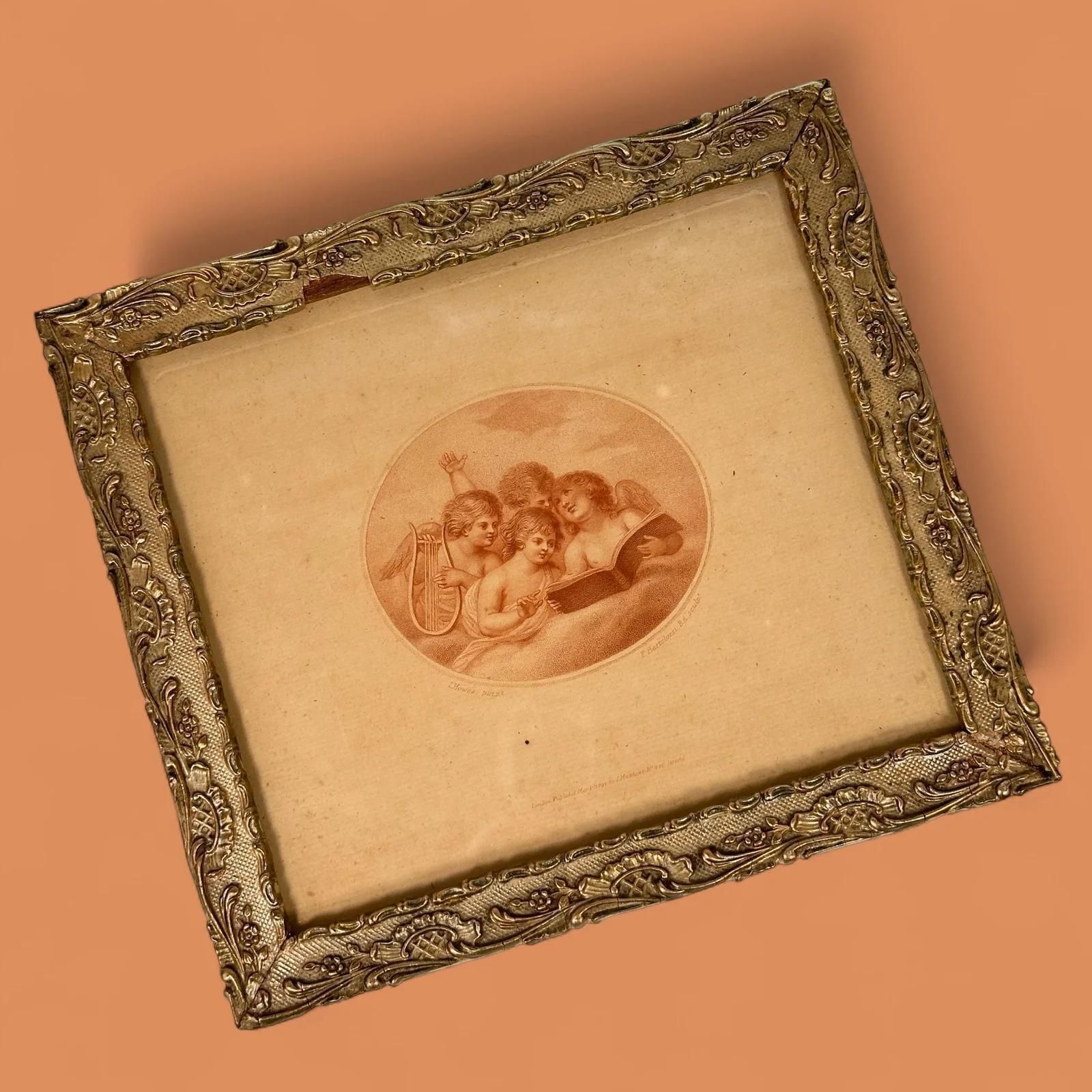 Antique Bartolozzi Cherub Stipple Engraving Pair, 1791 Georgian Gilt Frames photo furniture