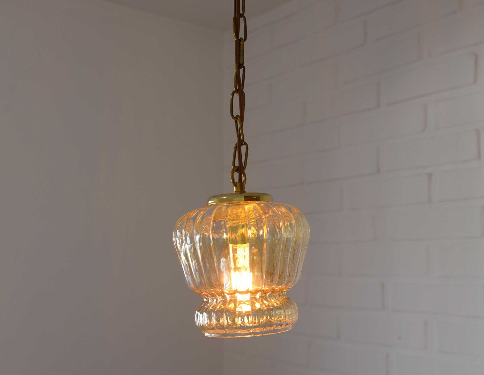 Vintage Old Gold Pendant Light, Amber Glass, 1960s Chain Lamp photo buy