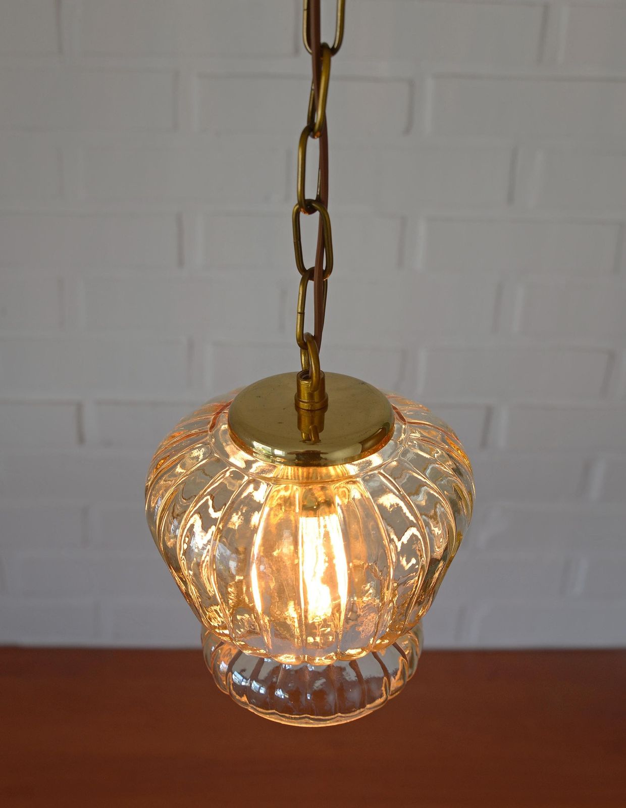 photo furniture Vintage Old Gold Pendant Light, Amber Glass, 1960s Chain Lamp