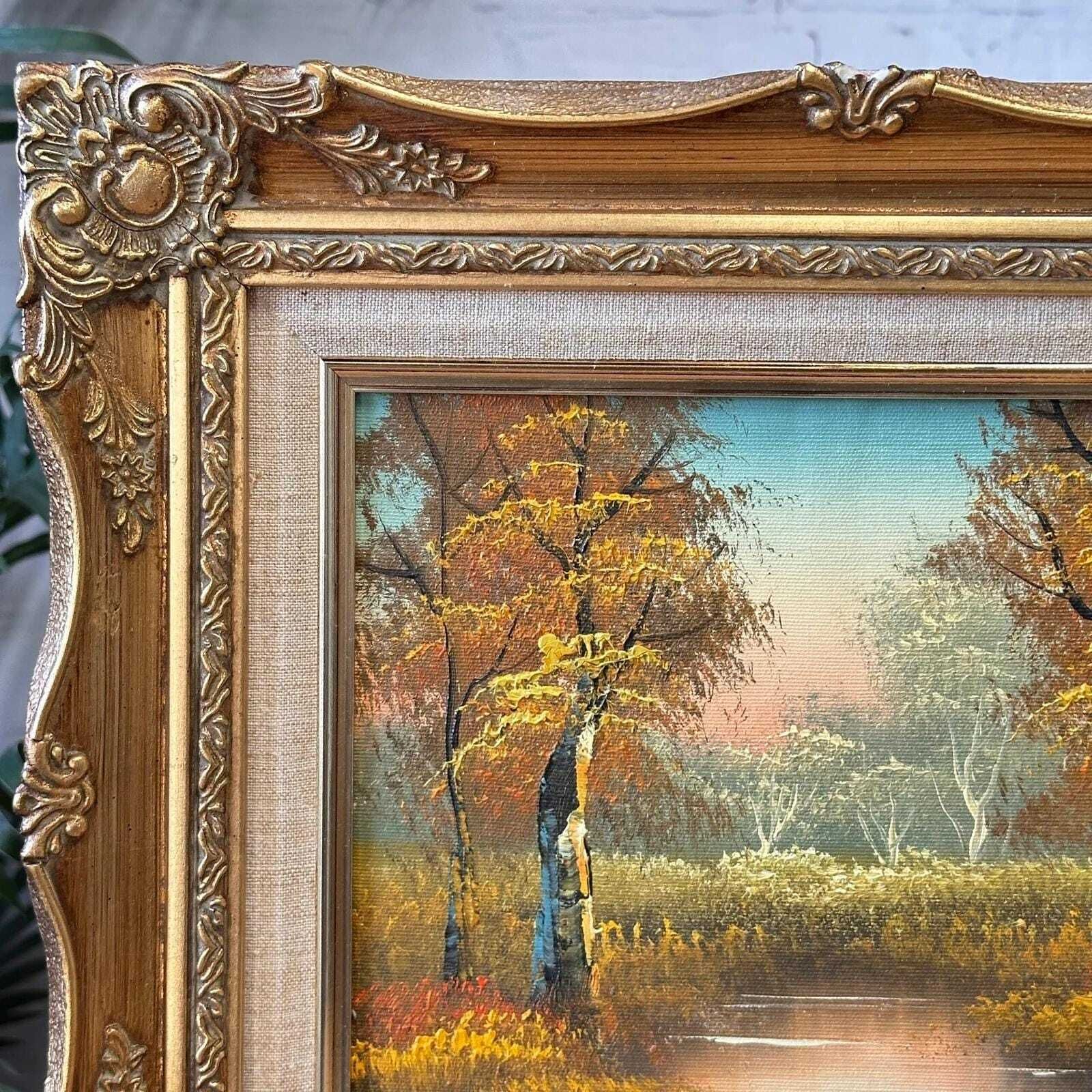 photo vinterior Signed G. Aubert Oil Painting Vintage Autumn Landscape Ornate Gold Gilt Frame