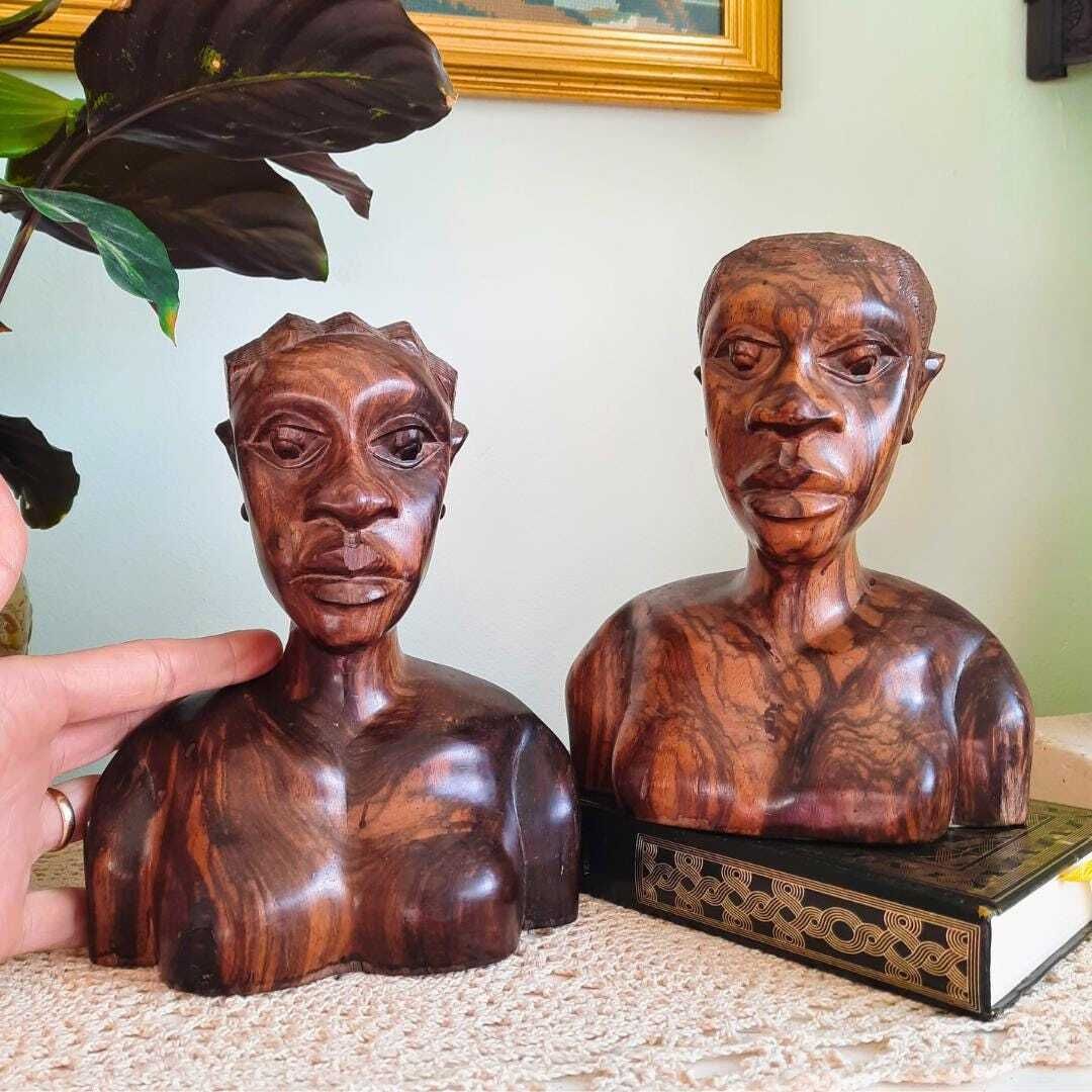 Mid Century African Marbled Wood Hand Carved Figural Bust Of A Male And Female Statue Bookends