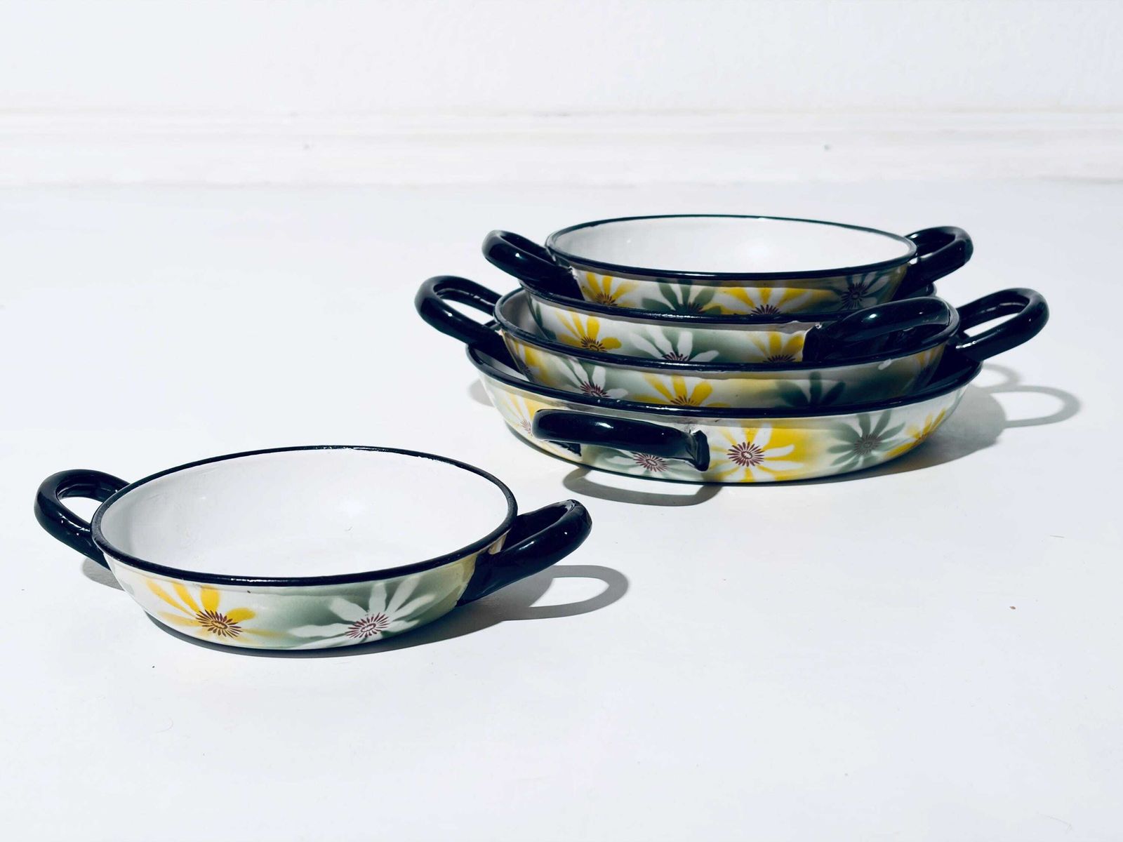 Five B.B.C. Badon Boutte & Cie Vintage Margaritta Daisy Enamel Cooking Pots Stews Set / French Kitchenware Decor photo furniture