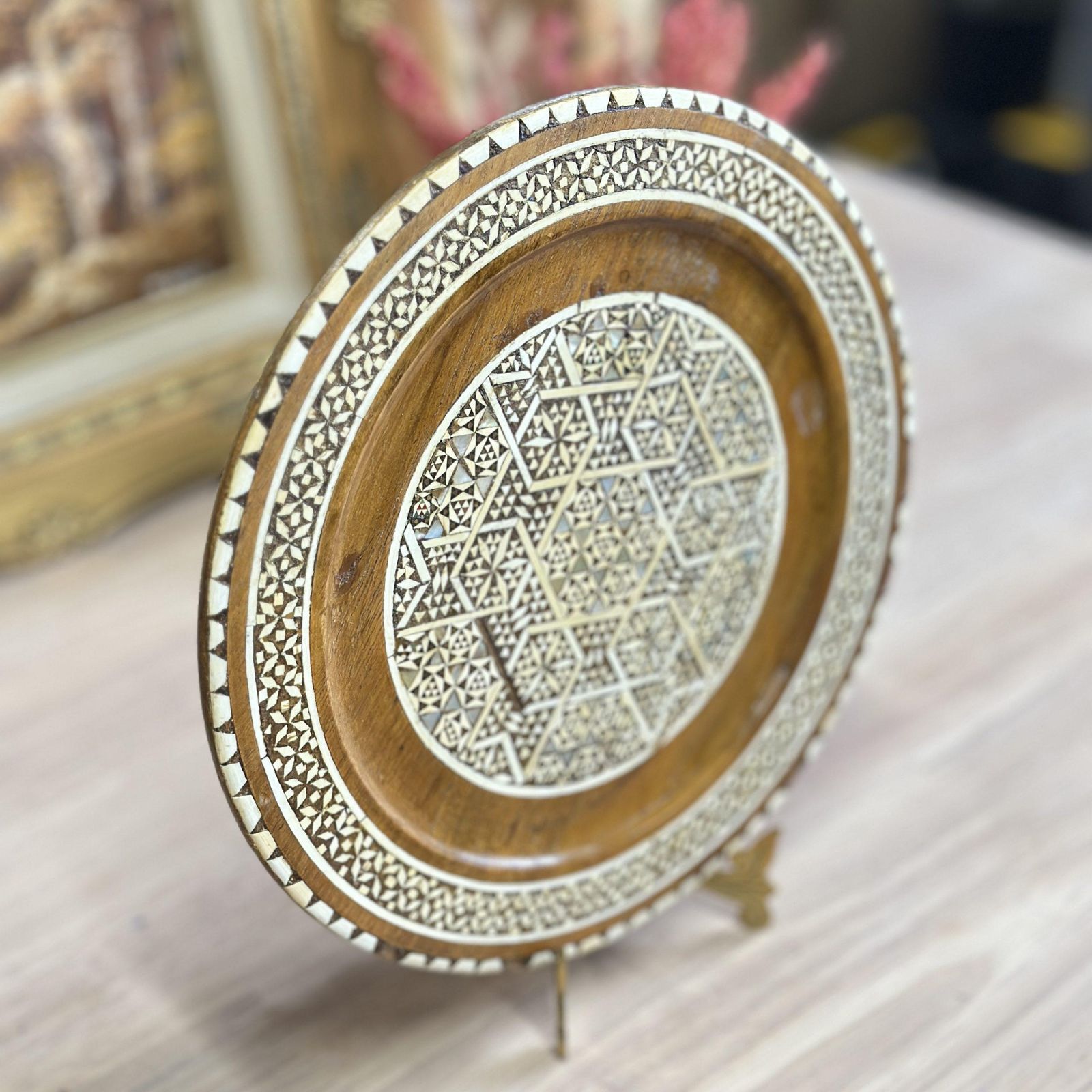 Egyptian Islamic Mother Of Pearl Inlaid Wooden Decorative Plate Wall Hanging photo Art