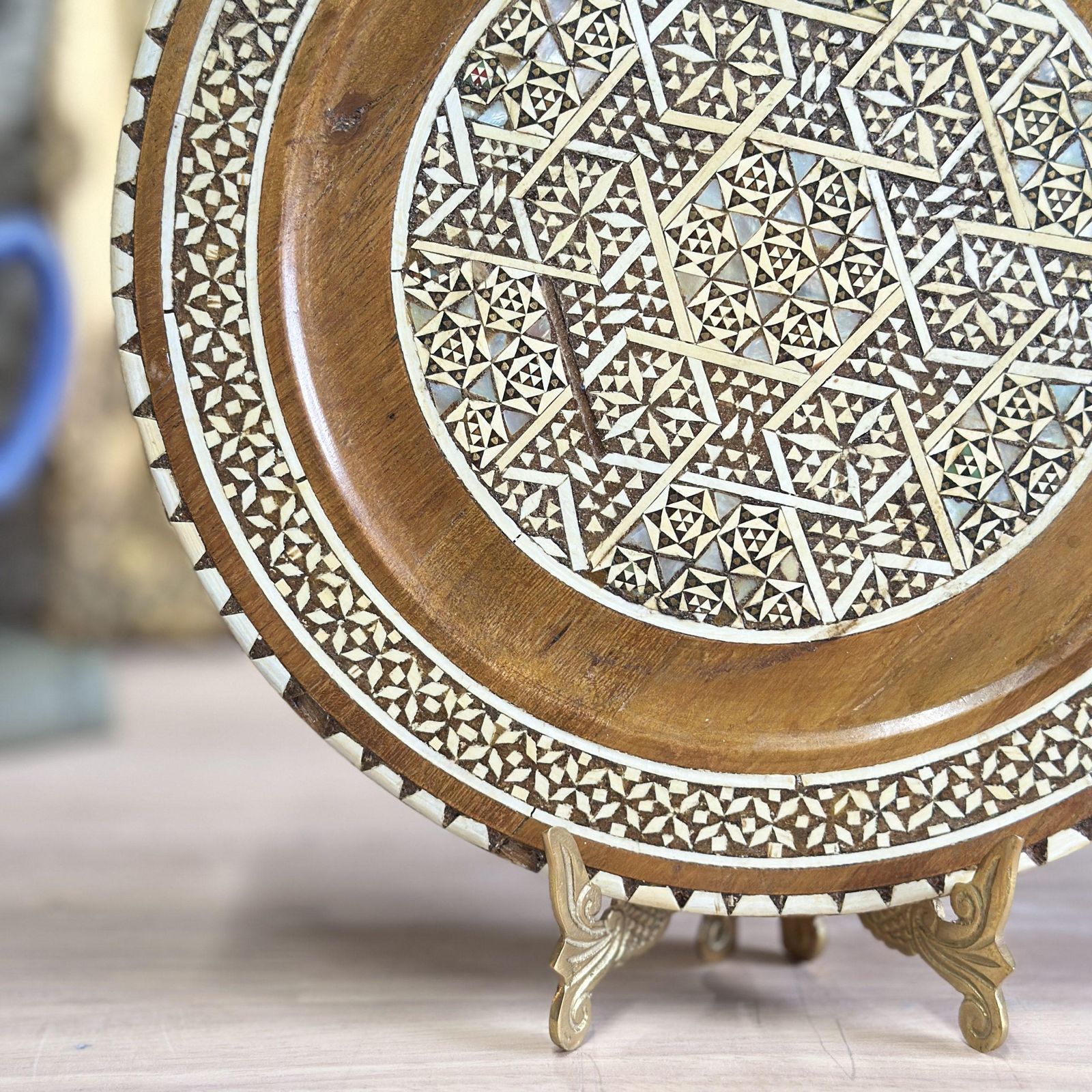 Egyptian Islamic Mother Of Pearl Inlaid Wooden Decorative Plate Wall Hanging photo vintage