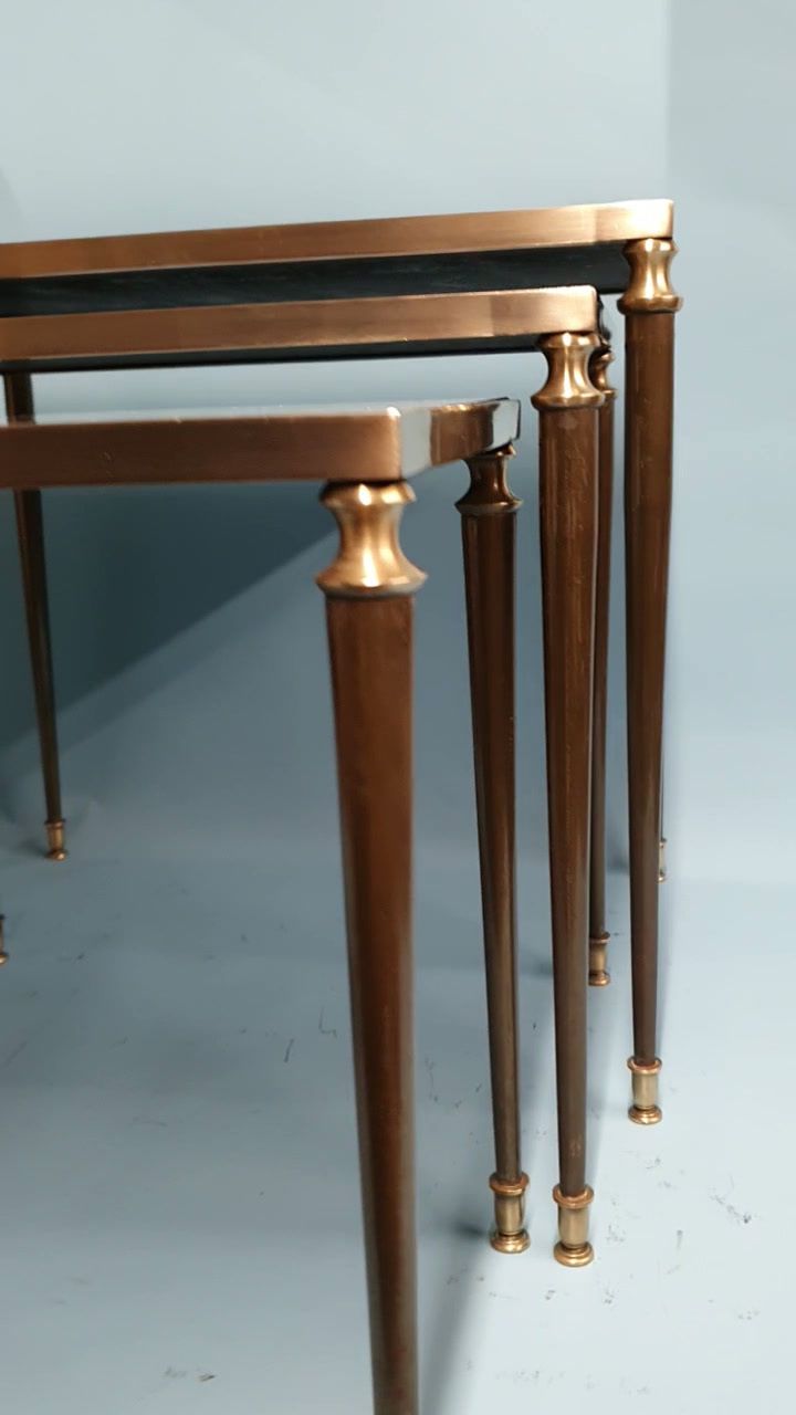 French Nest Of Three Brass Tables With Mirrored Tops photo for sale