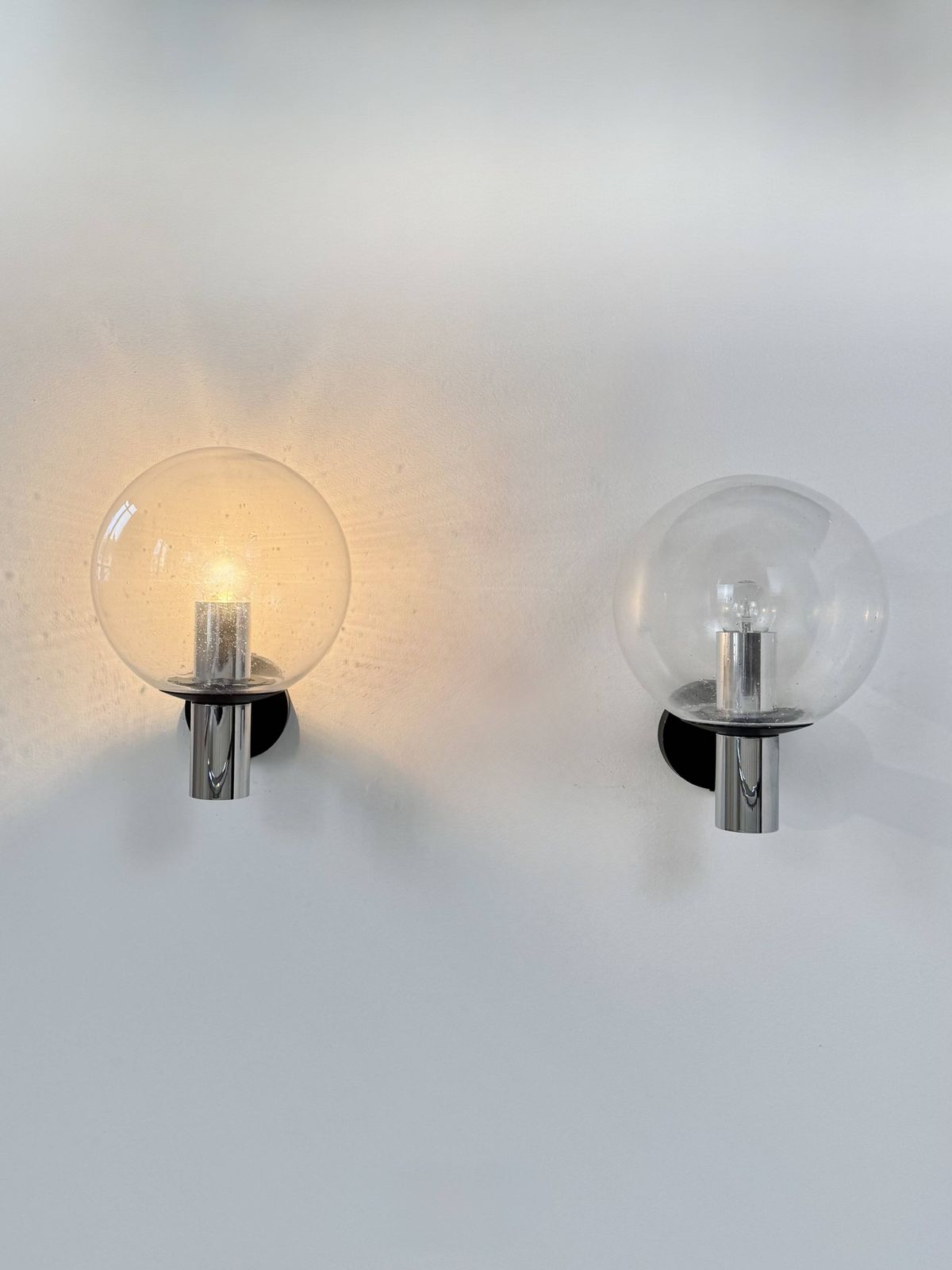 Pair Of Vintage Xl Wall Lights, Chrome Metal And Bubble Glass, France, 1970. photo Lighting