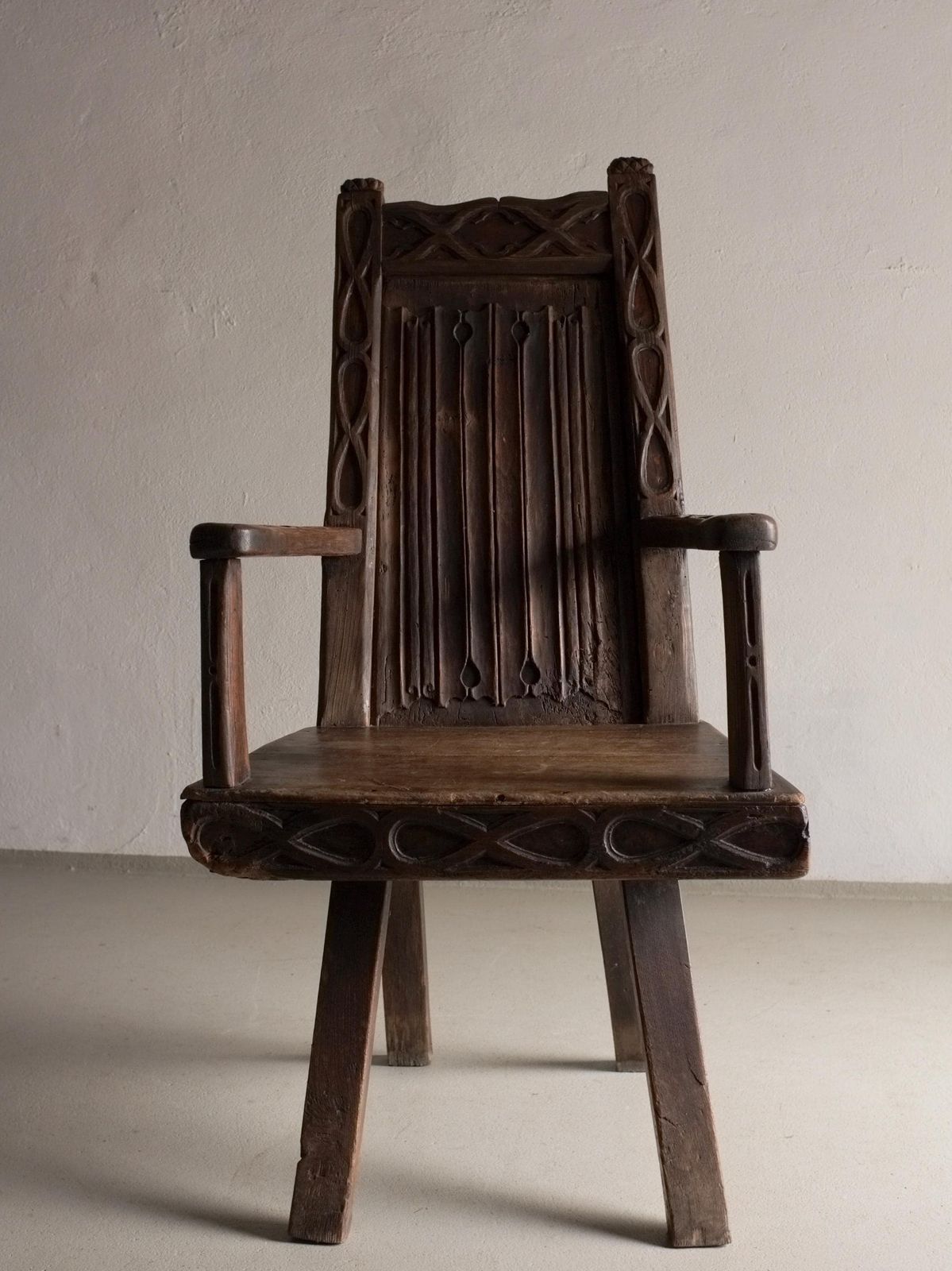 Antique Primitive Carved Oak Arm Chair | Belgium photo for sale