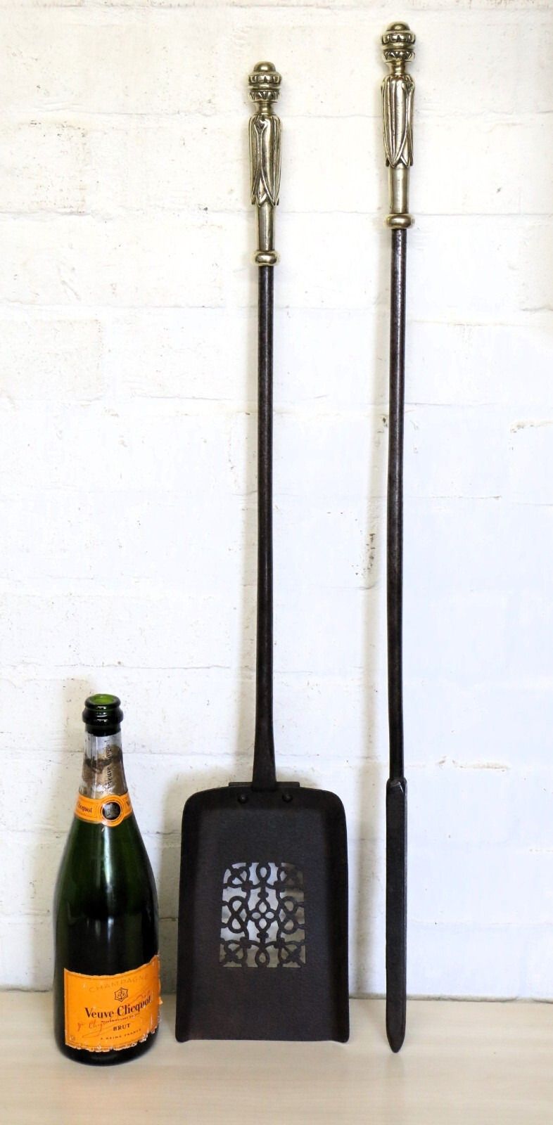 Antique Fire Tools Victorian English Very Long Wrought Iron Brass Poker & Shovel