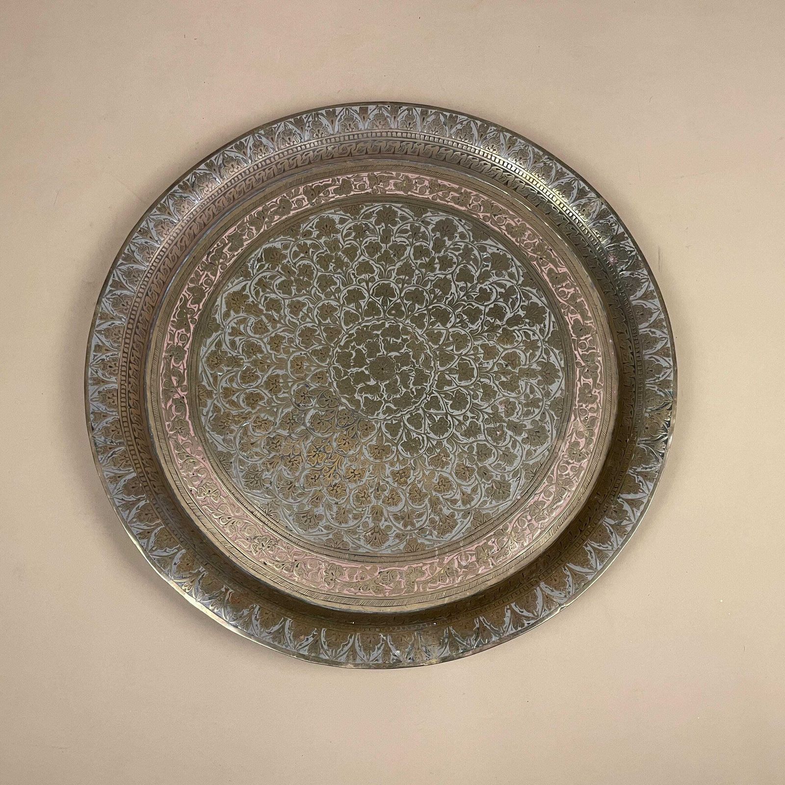 Antique Metal Gold Indian Patterned Brass Tea Tray 39cm Plate Asian Handmade Etched Intricate Vintage Decorative Patterned Wall Art Enamel