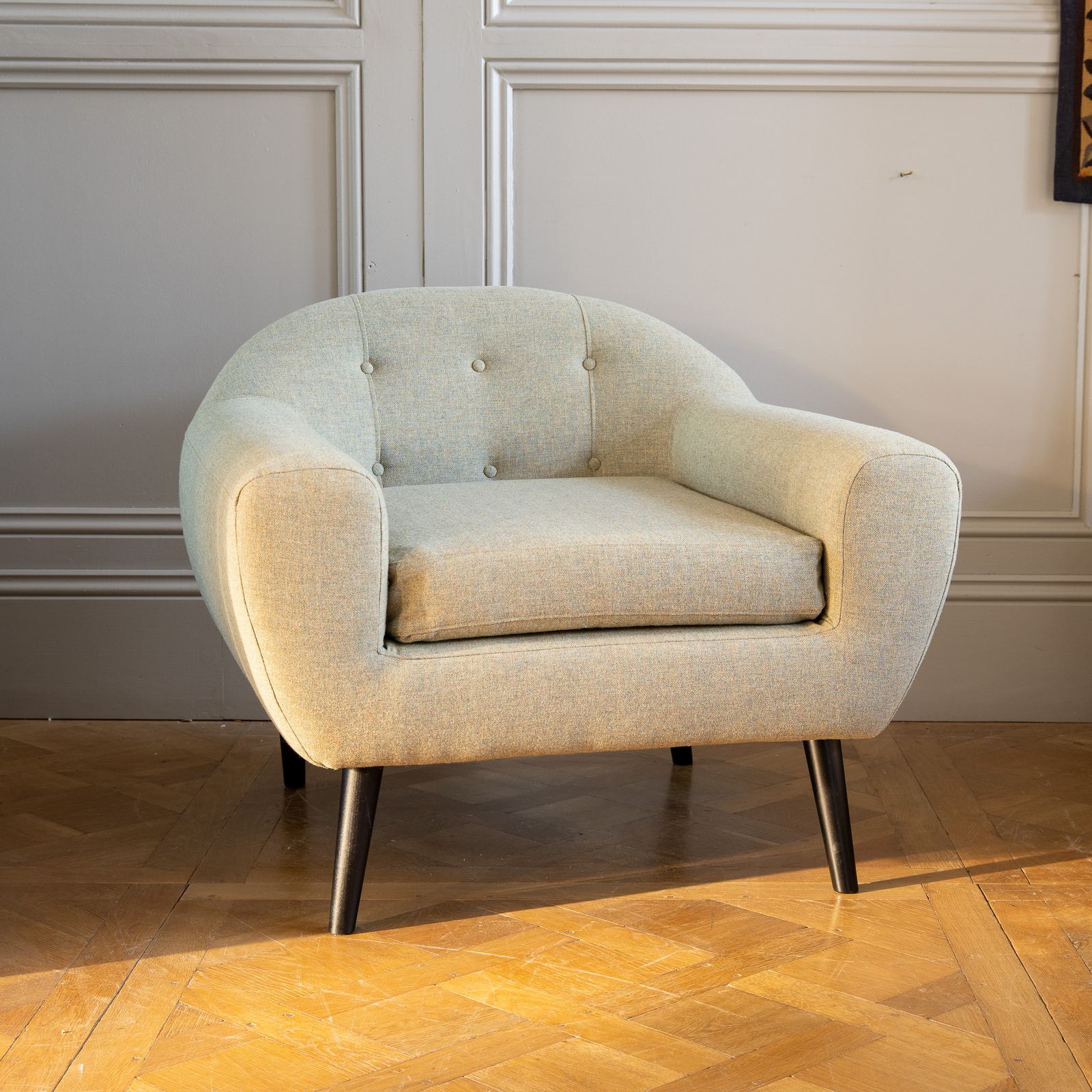 Bespoke Handcrafted Mid Century Lounge Chair In Sage Green photo for sale