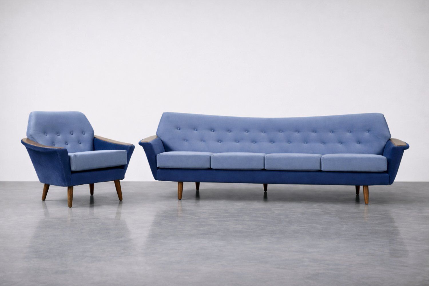 Mid Century Scandinavian Modern Blue Velvet Living Room Set From Holm Fabriker Ab, 1960s, Set Of 2