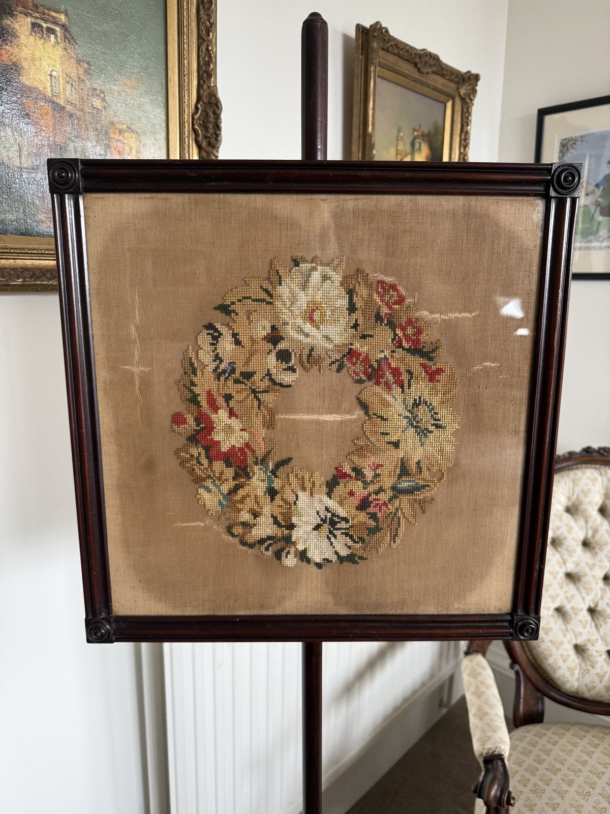 Georgian Pole Screen With Tapestry On Gun Barrel Stem And Tripod Feet