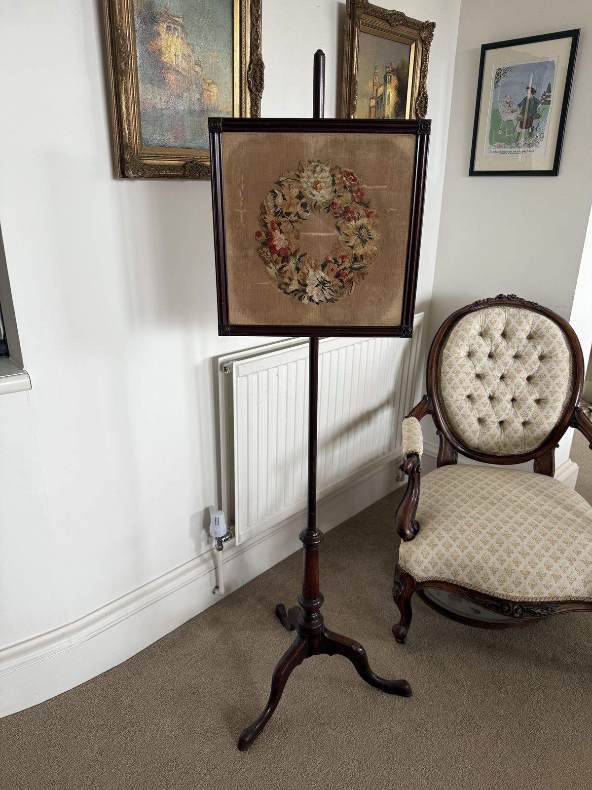 Georgian Pole Screen With Tapestry On Gun Barrel Stem And Tripod Feet photo furniture