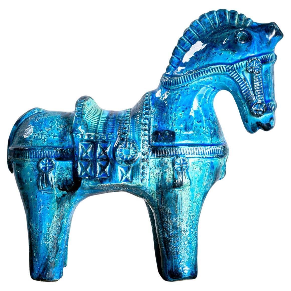Bitossi Rimini Blue Horse Sculpture By Aldo Londi, Italy, Signed