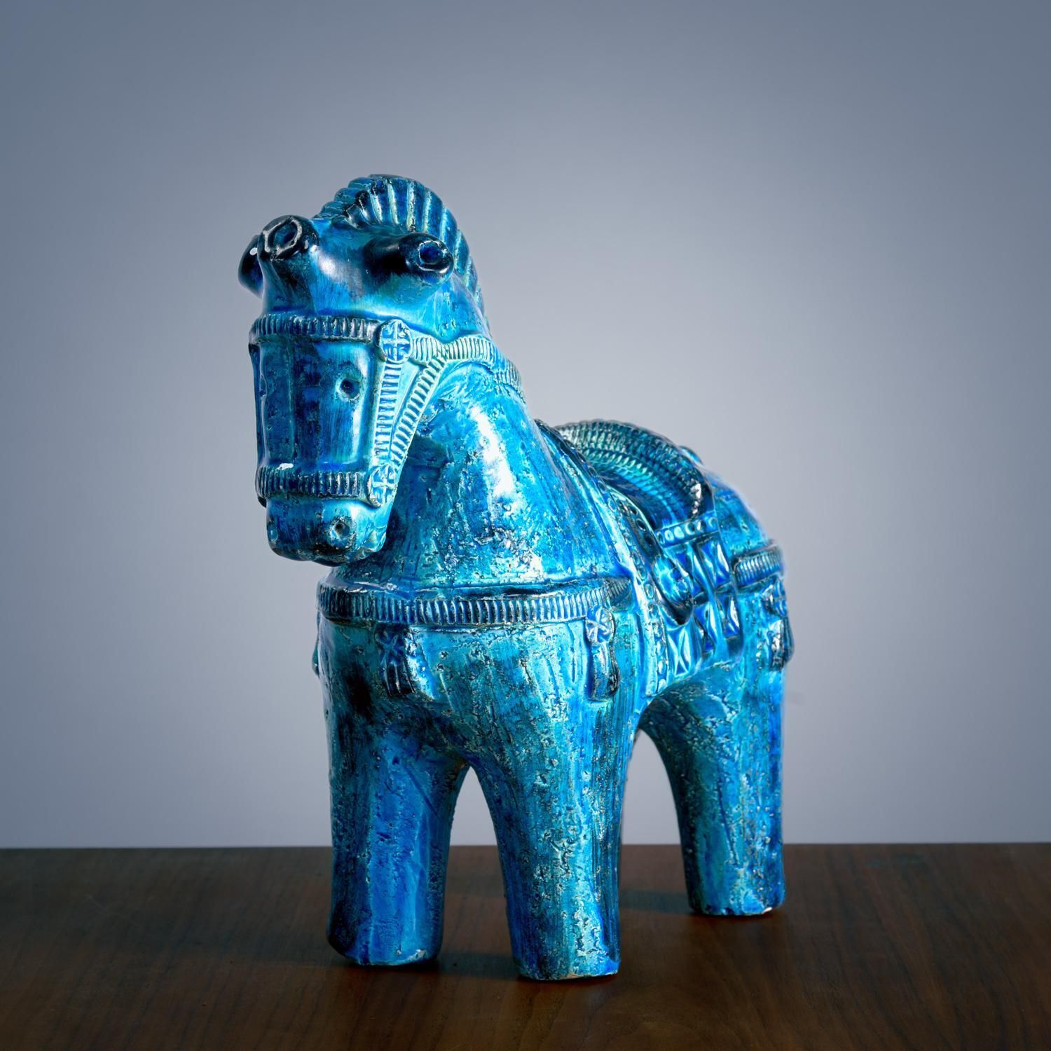 Bitossi Rimini Blue Horse Sculpture By Aldo Londi, Italy, Signed photo vintage
