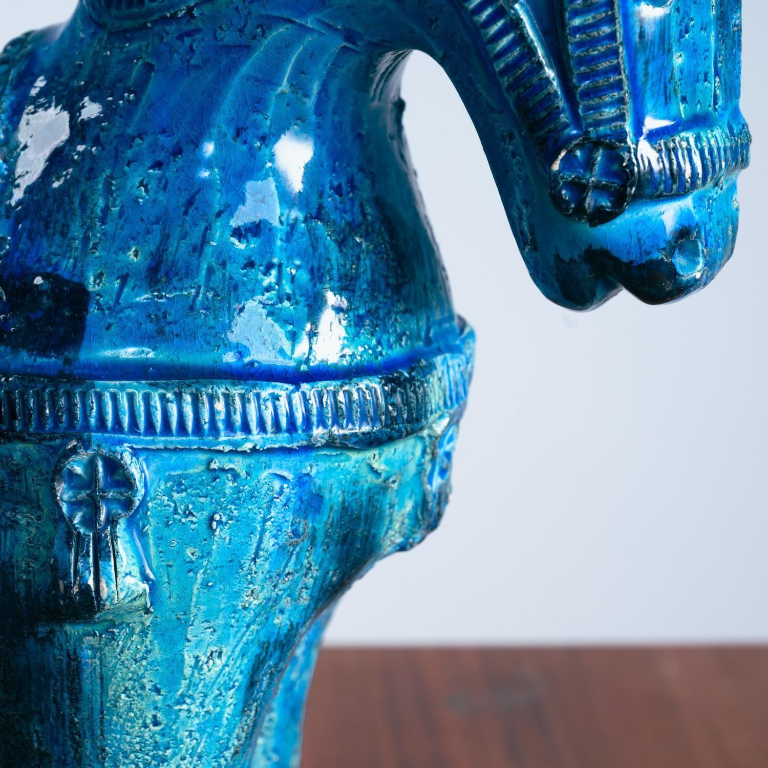 photo for sale Bitossi Rimini Blue Horse Sculpture By Aldo Londi, Italy, Signed