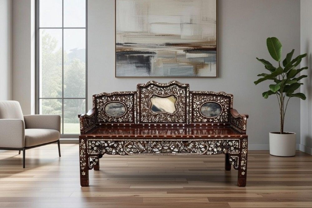 Unusual Early 20th Century Large Chinese Export Bench Inlaid With Mother Of Pearl