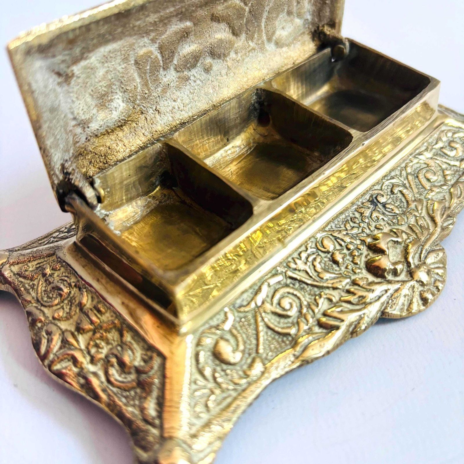 photo furniture Victorian Gilt Metal Stamp Box: Ornate Desk Casket, C.1890
