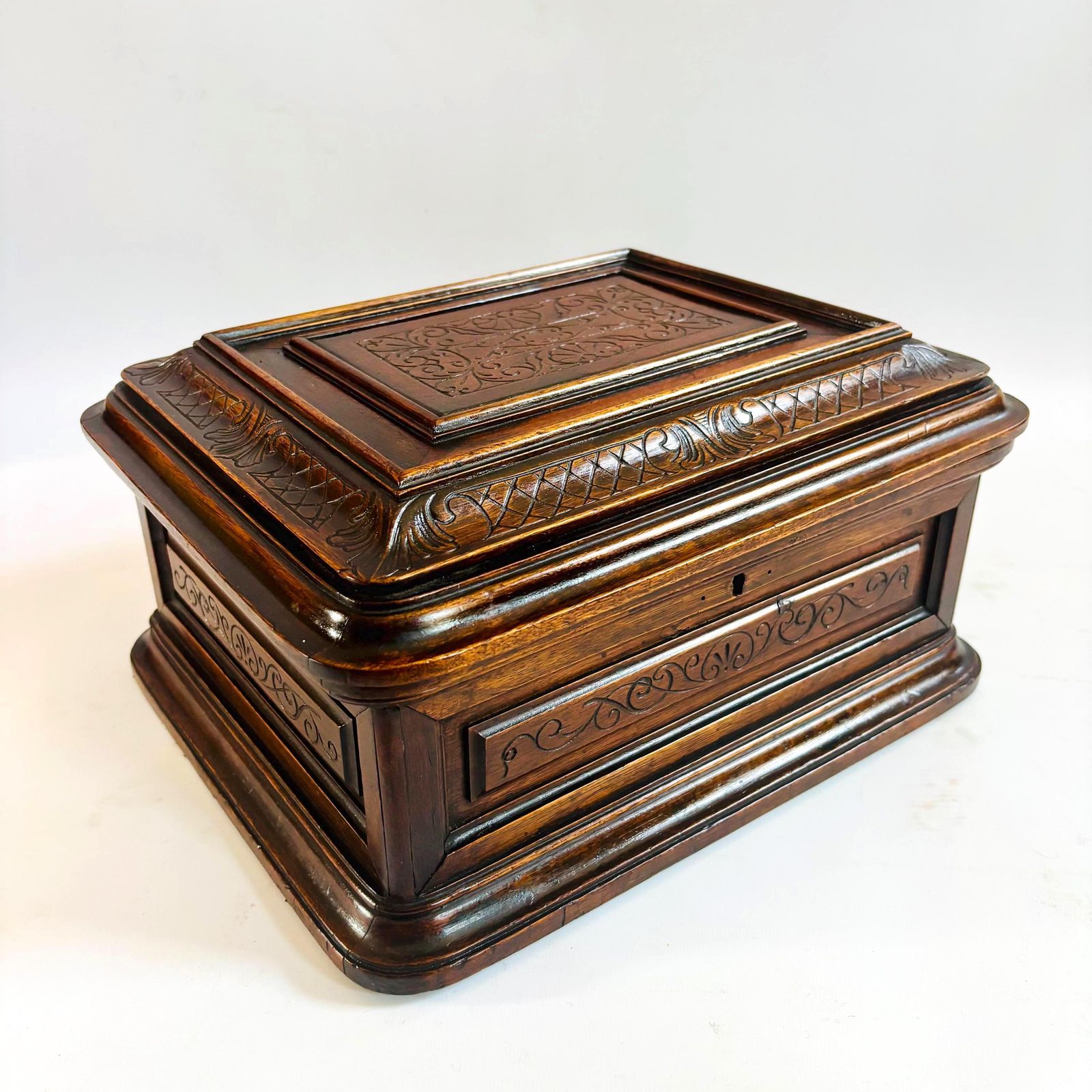 Antique Walnut Jewelry Box: Hand Carved French Keepsake, Fruitwood Tray Organiser
