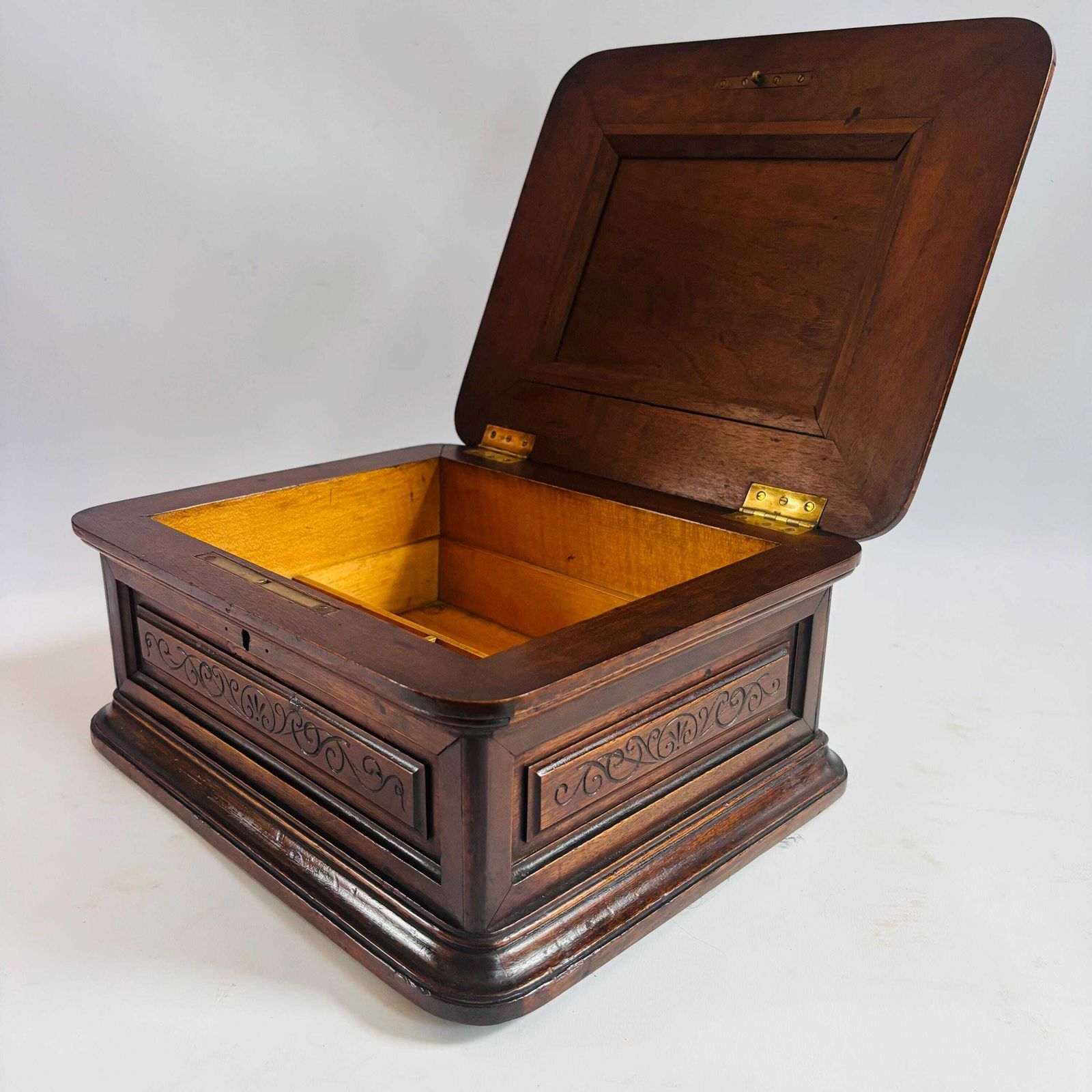 photo for sale Antique Walnut Jewelry Box: Hand Carved French Keepsake, Fruitwood Tray Organiser